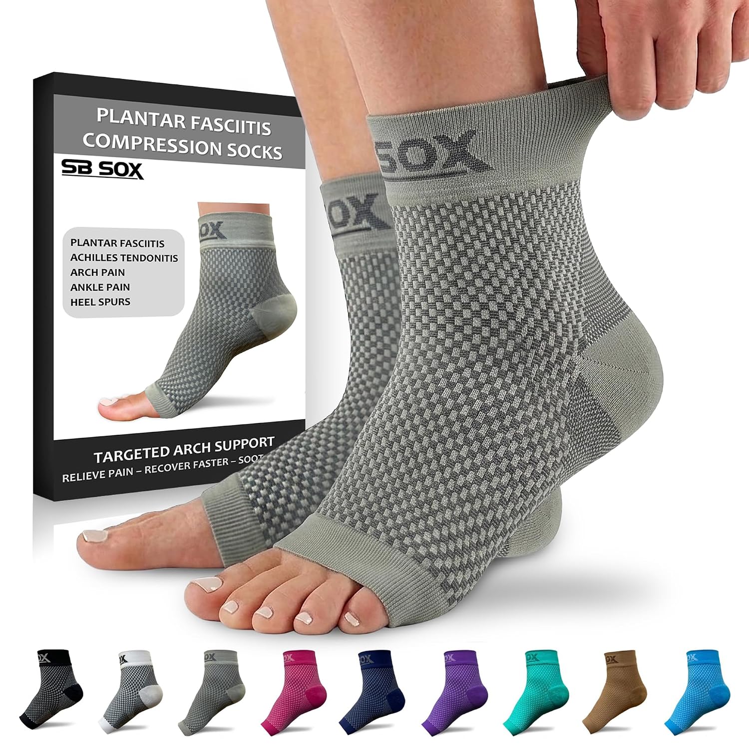 SB SOX Compression Socks for Plantar Fasciitis Relief (Gray, Medium) | Best Socks for Heel Pain Relief, Achilles Tendonitis & Foot Pain – Toeless Ankle Compression, All-Day Comfort
