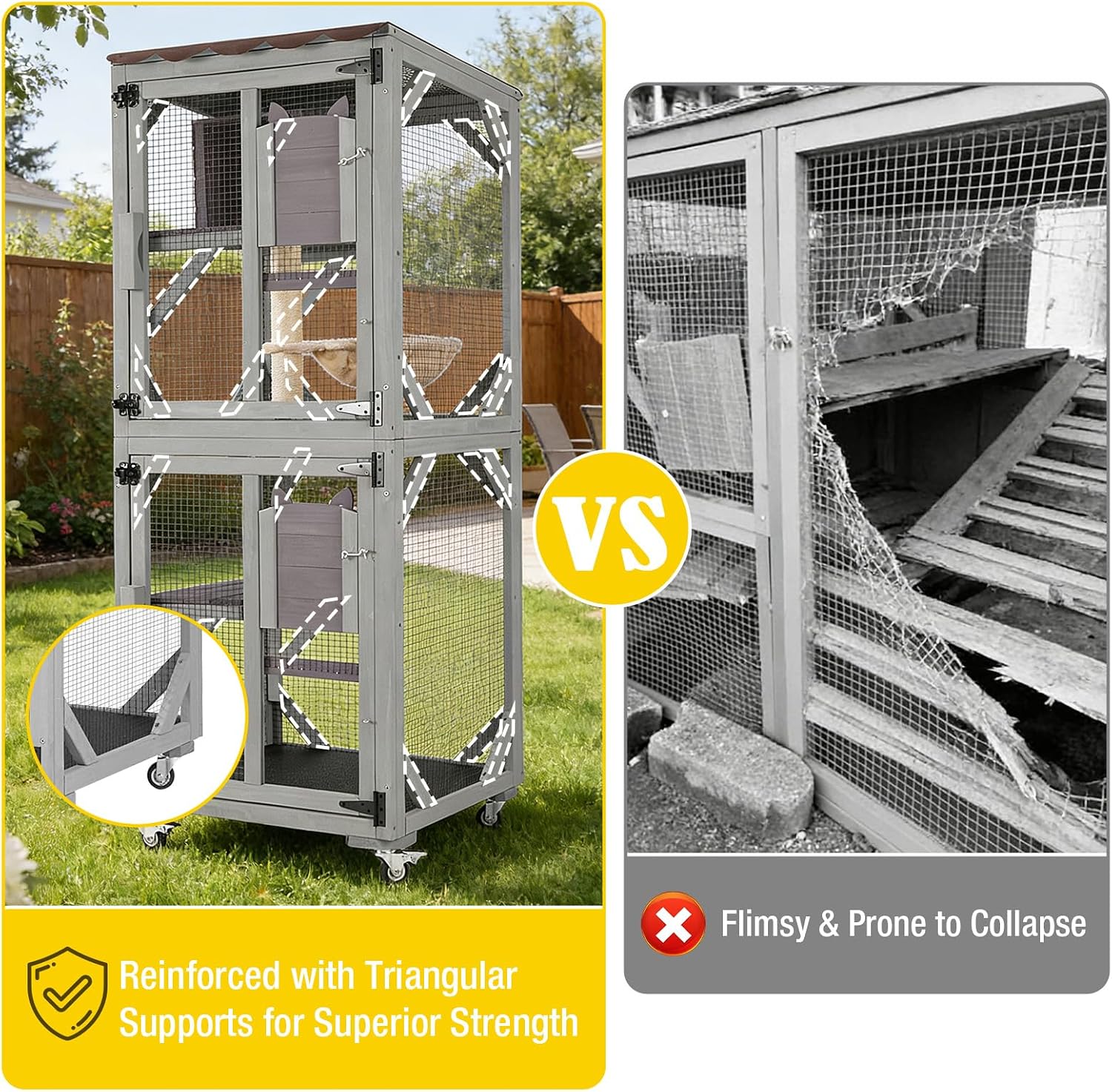 Aivituvin Cat House Outdoor Cat Catio Wooden Large Enclosure with Run on Wheels 70.9" Upgraded Version Catio with Reinforcement Strip