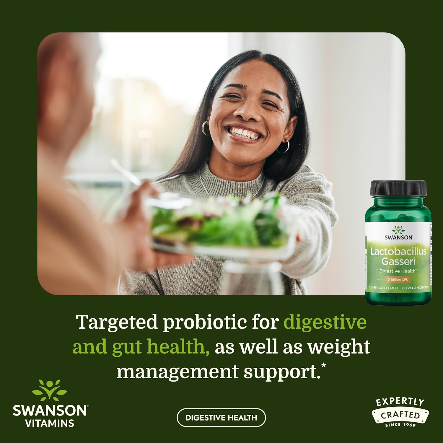 Swanson Lactobacillus Gasseri Probiotic, 3 Billion CFU, 60 Vegan Capsules | For Adults Seeking Digestive and Metabolic Support, a Lactic Acid-Producing Bacterium, Acid-Resistant with No Refrigeration