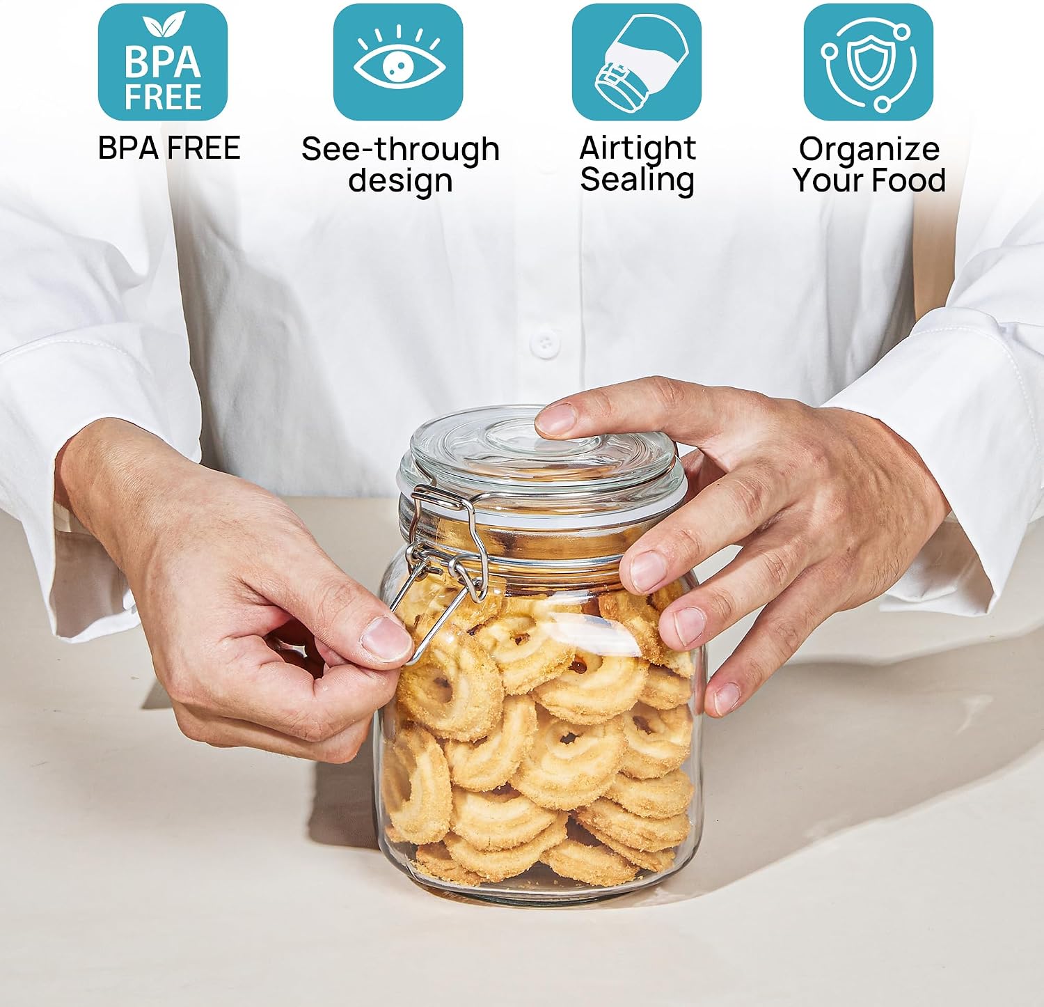 Vtopmart 78oz Glass Food Storage Jars with Airtight Clamp Lids, 3 Pack