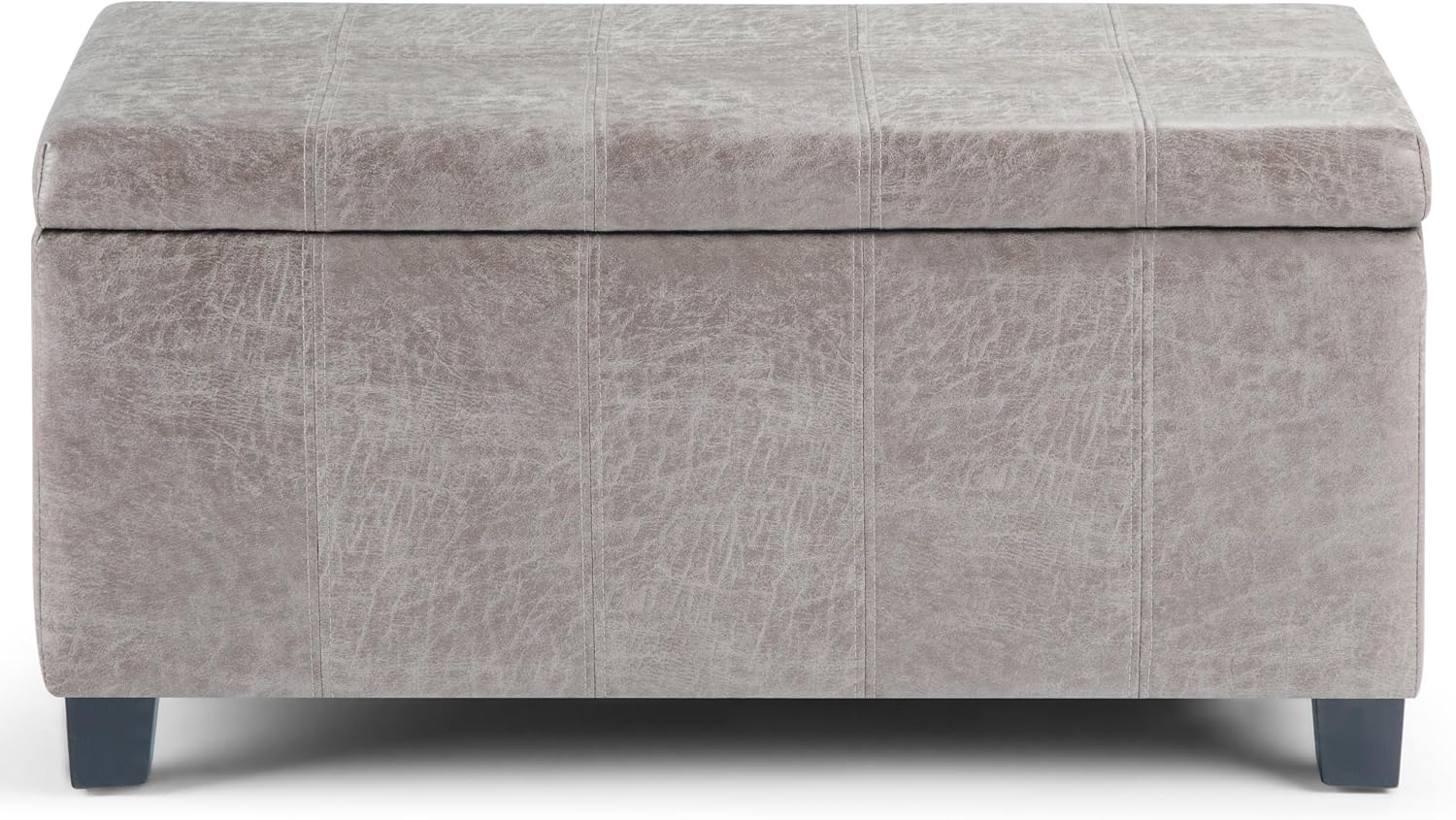 SIMPLIHOME Dover 36" Wide Vegan Leather Storage Ottoman in Midnight Black | Distressed umber brown, contemporary ottoman with lift-top and safety hinges; rectangle storage bench for living room.