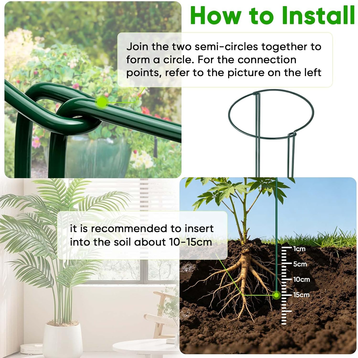 HiGift 8 Pack Plant Support Stakes, Half Round Metal Garden Plant Stake Indoor Peony Cages and Supports, Green Plant Support Ring Border for Tomato