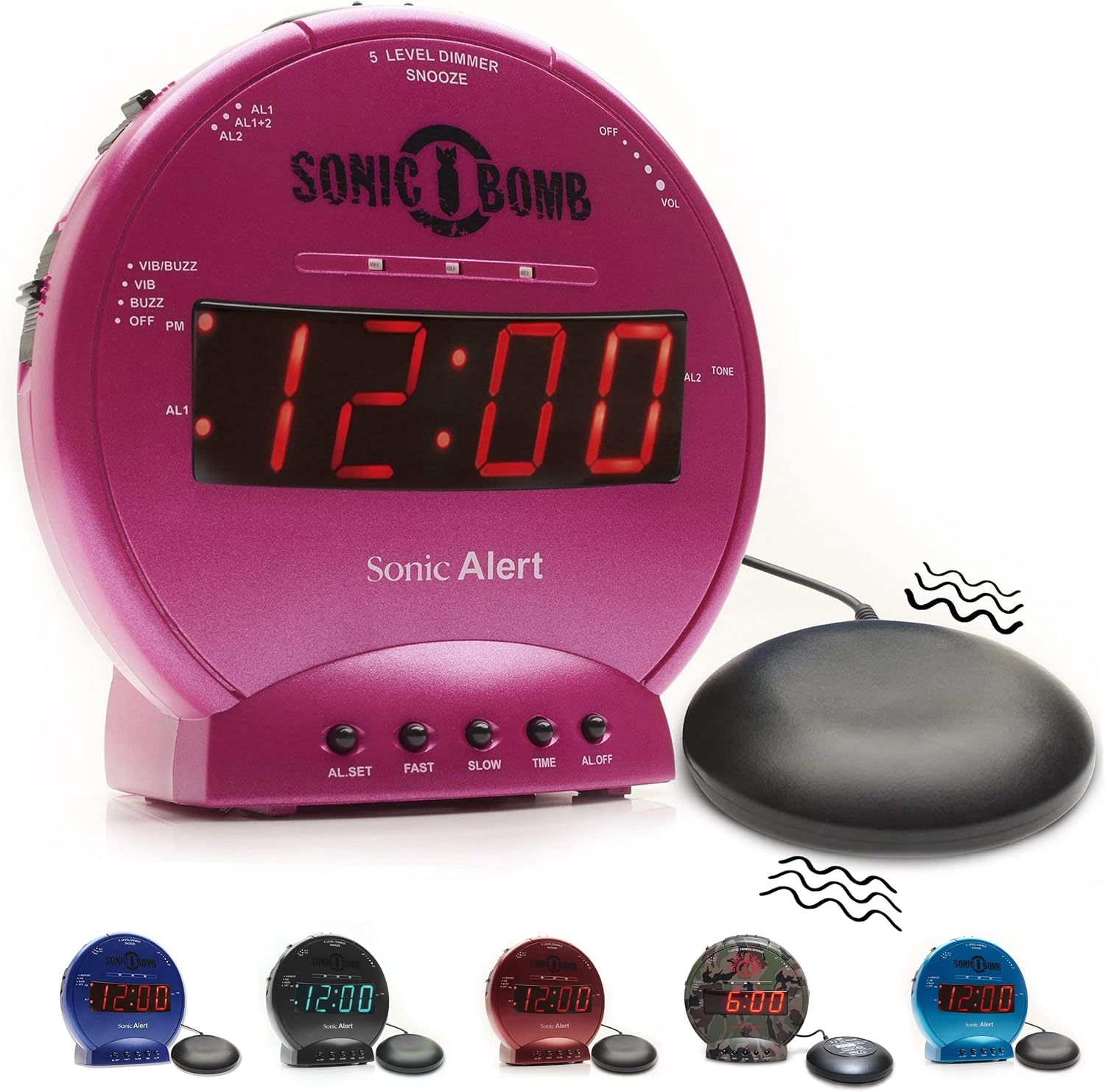 Sonic Bomb Dual Extra Loud Alarm Clock with Bed Shaker, Black | Sonic Alert Vibrating Alarm Clock Heavy Sleepers, Battery Backup | Wake with a Shake
