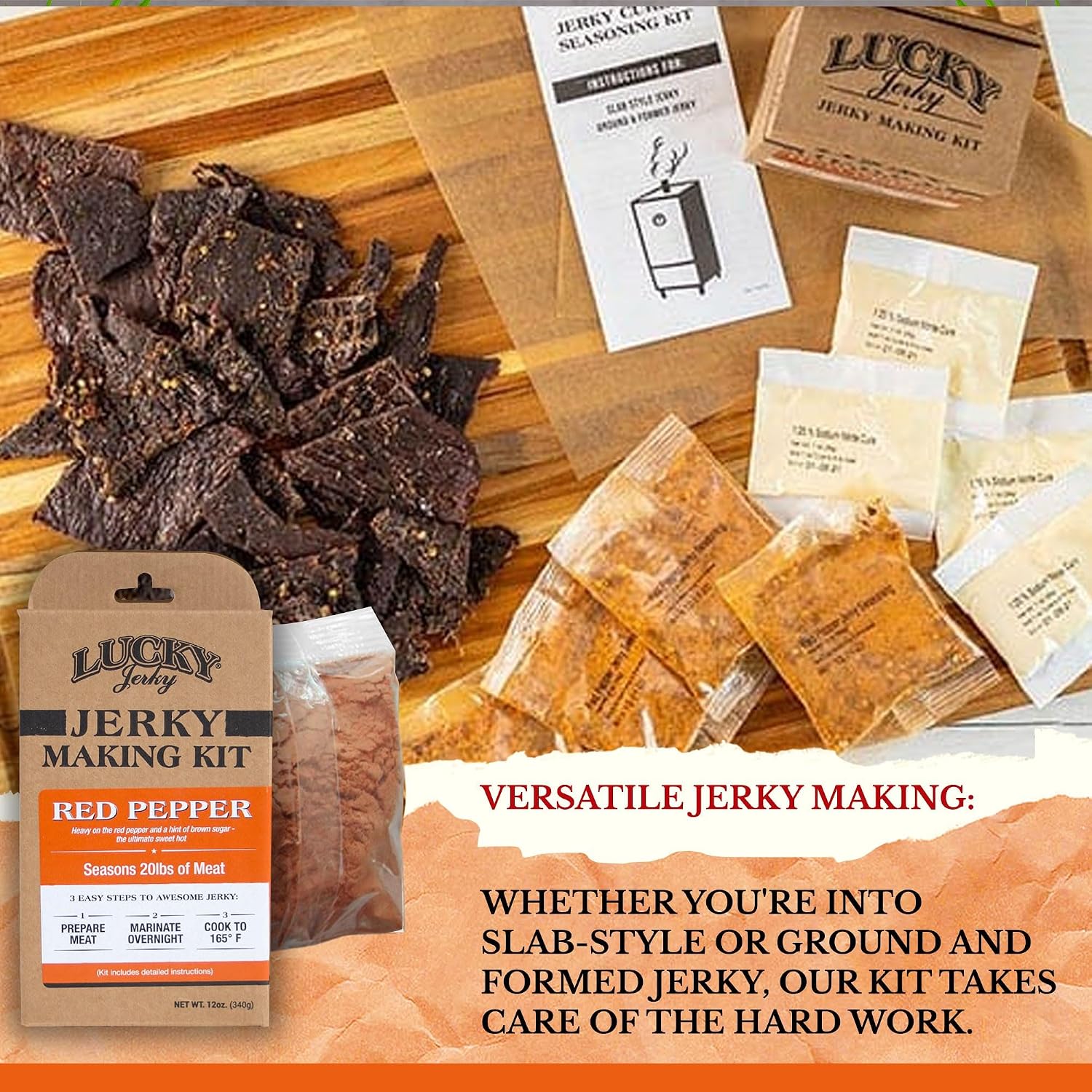 Lucky Jerky Ultimate Savory DIY Beef Jerky Seasoning and Cure Kit, 12 Oz | Make Your Own with Original, BBQ, Teriyaki, and Sweet & Spicy, Seasons 5 lbs per Flavor, 20 lbs Total