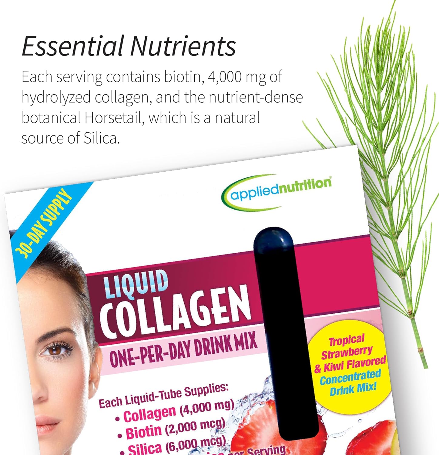 Applied Nutrition Liquid Collagen Skin Revitalization - 10 Liquid Tubes - Collagen, Biotin & Silica - Tropical Strawberry & Kiwi Flavor - 10 Servings