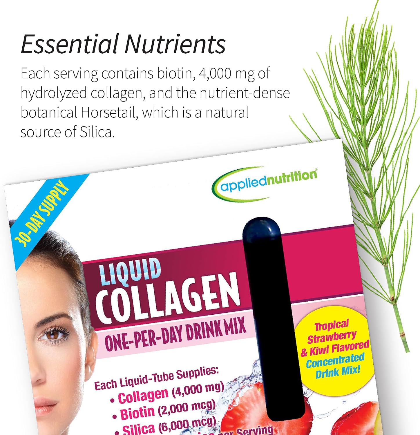 Applied Nutrition Liquid Collagen Skin Revitalization 10 Tubes Pack of 2 | Biotin & Silica | Tropical Strawberry & Kiwi Flavor | Healthy-Looking