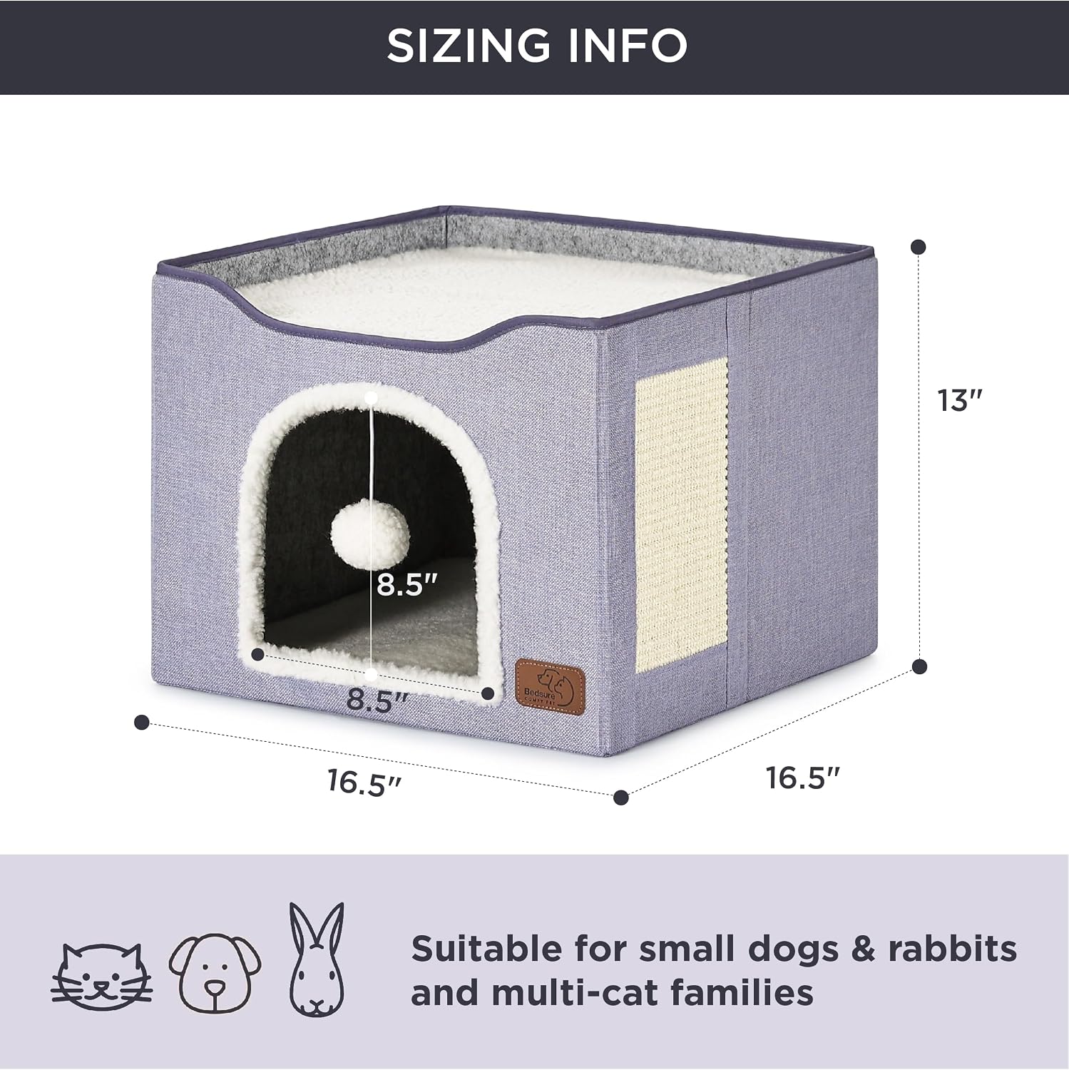 Bedsure Cat House Bed for Indoor Cats with Fluffy Ball and Scratch Pad,Grey