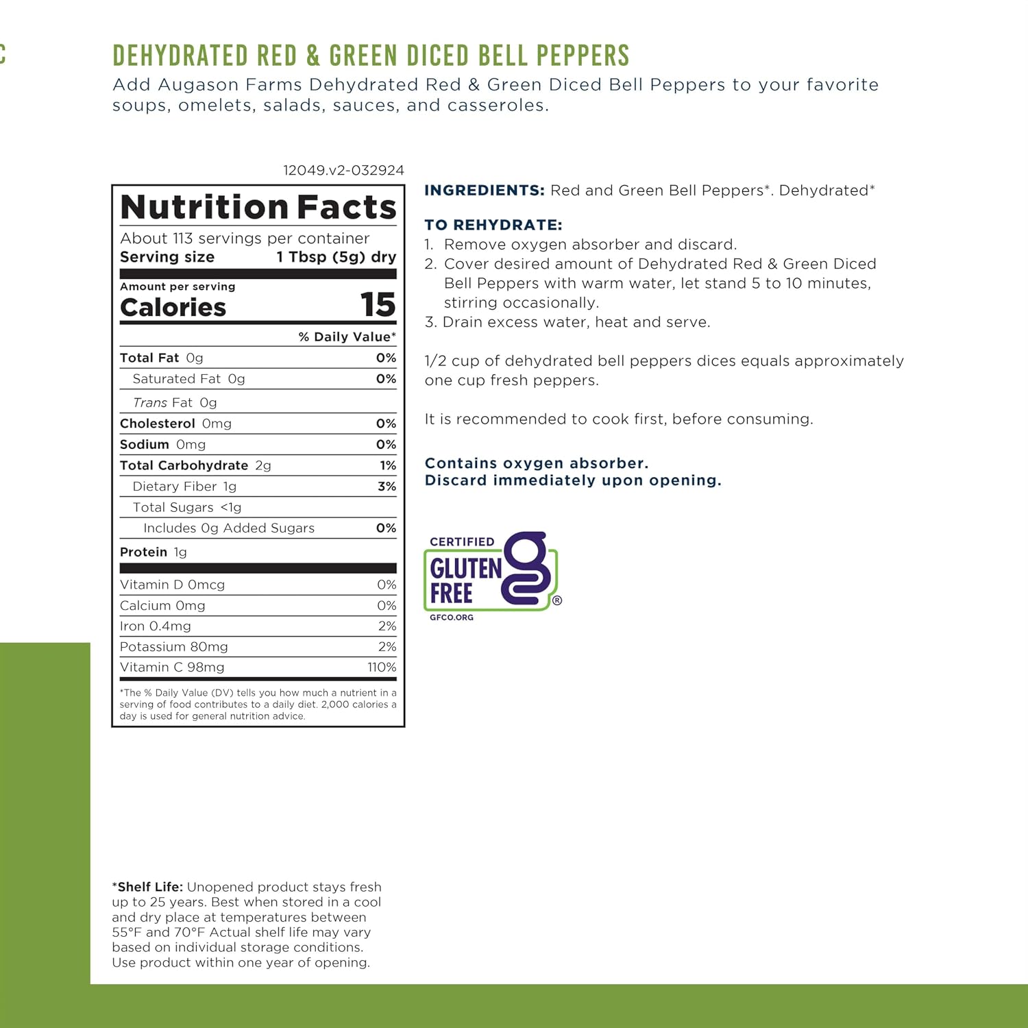 Augason Farms Dehydrated Diced Bell Peppers Can | Emergency Food Supply, 113 Servings, 25 Year Shelf Life, Red and Green Peppers, Dehydrated Meals
