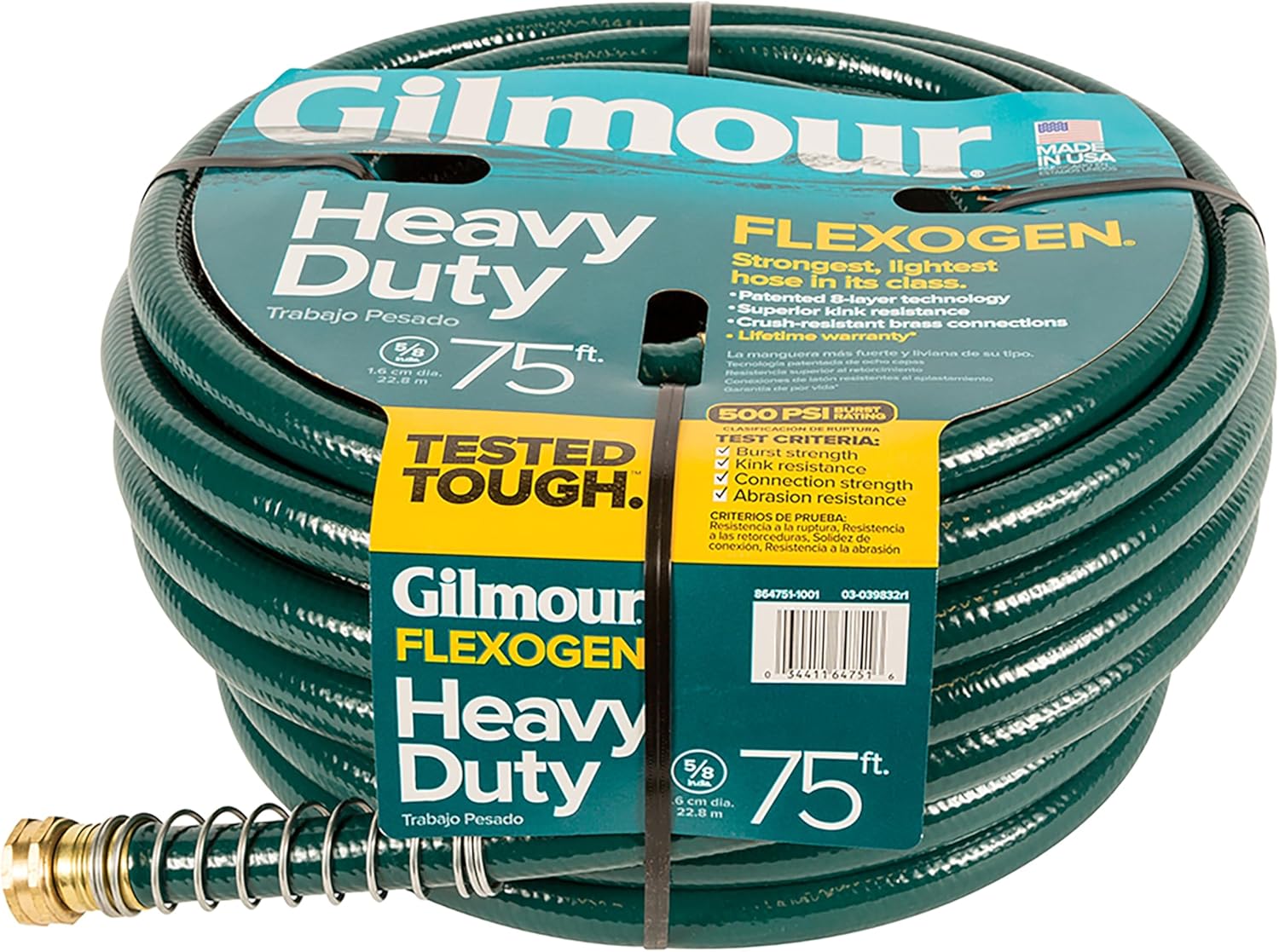 Gilmour 864751-1001 75ft Heavy Duty Flexogen Garden Hose, 5/8" Diameter | Heavy Duty Build, 500 PSI, Kink-Resistant Layers, Brass Fittings, All-Weather Durability, Made in USA
