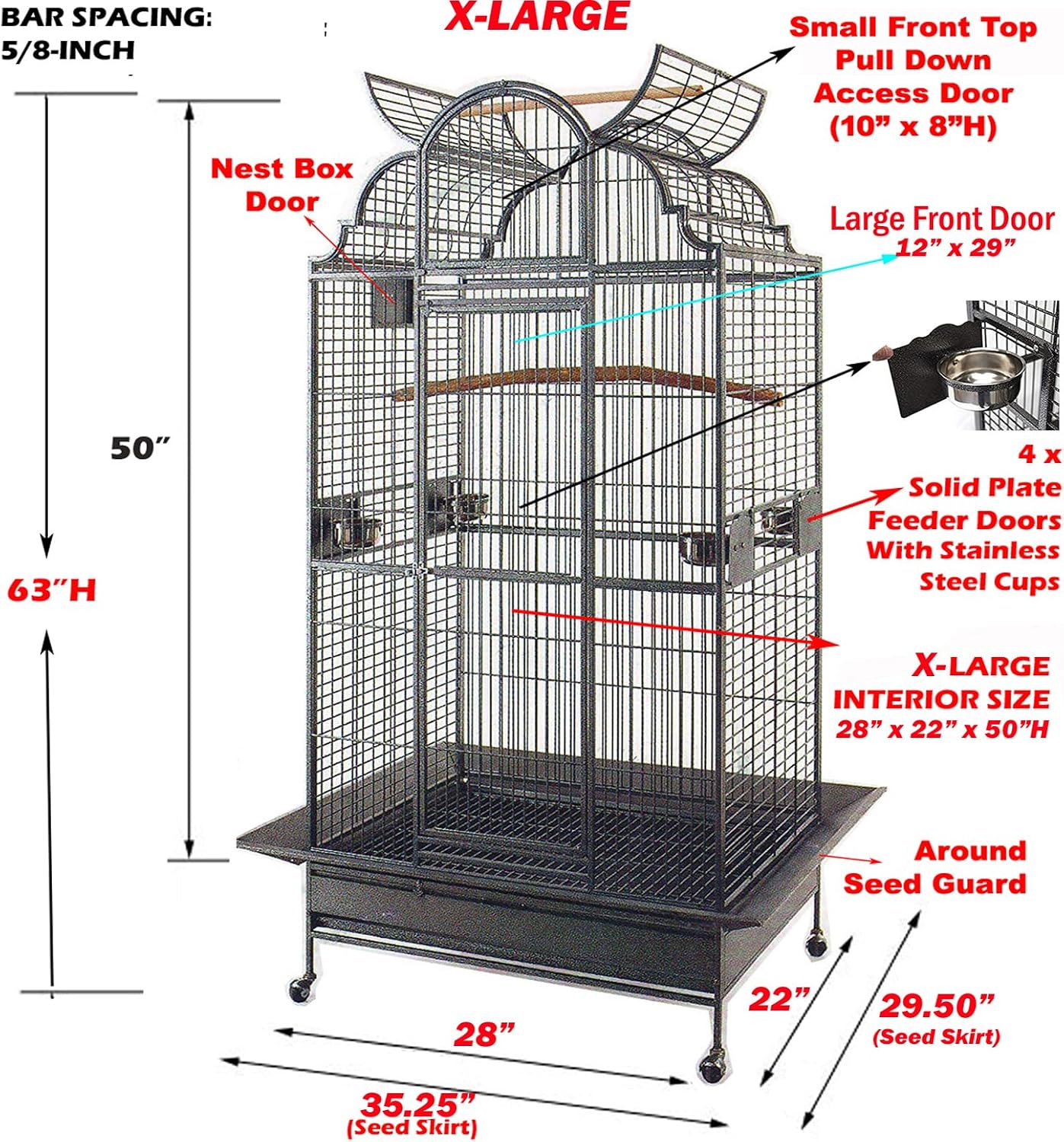 Large Elegance and Durable Wrought Iron Open Play Top Stand Bird Parrot Rolling Cage, Include Metal Seed Guard Solid Metal Feeder Nest Door (White Vein, 24.0" L x 22.0" W x 63.0" H)