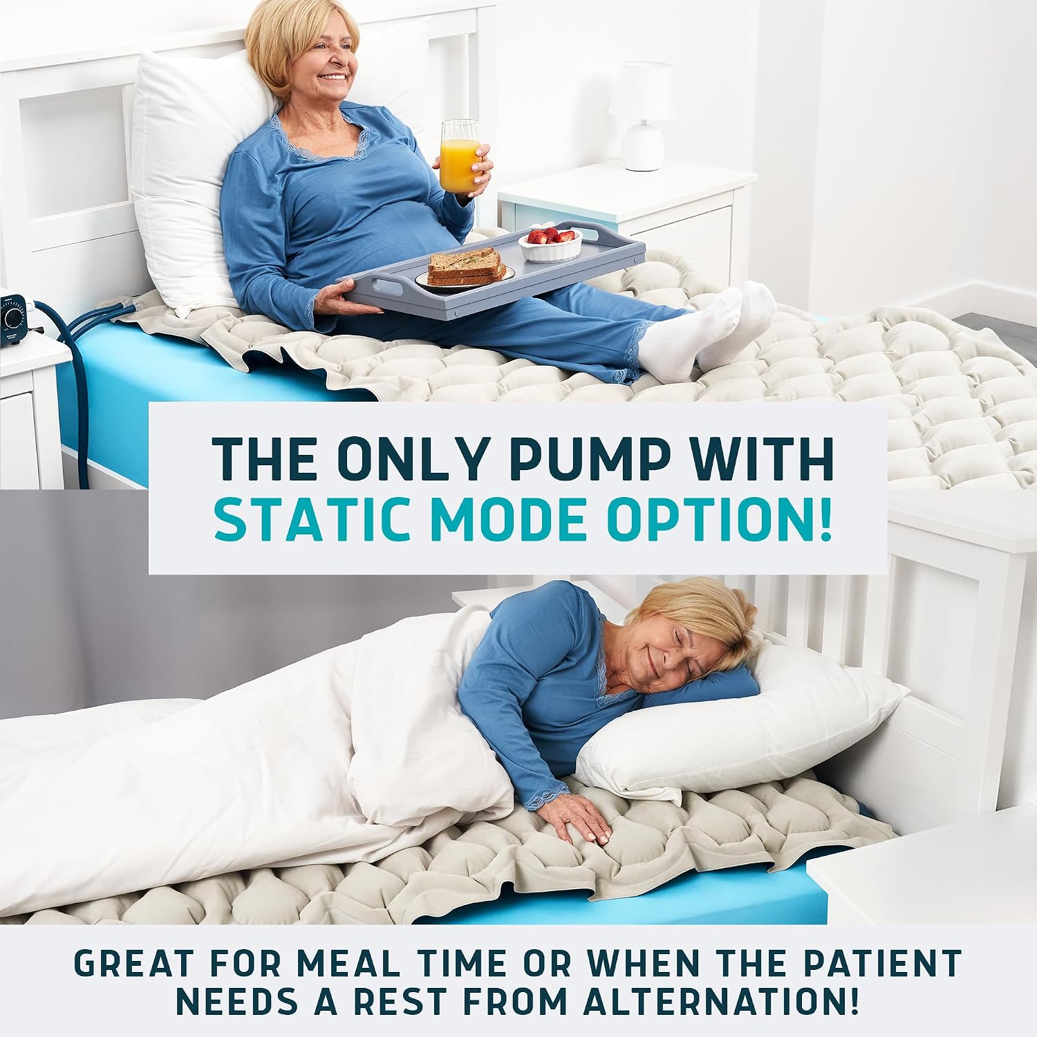 Lunderg PressuRelief Alternating Air Pressure Mattress Pad with Static Mode | With Snap-2-Pad Comfort Layer - Quiet Pump, Comfortable Bed Sore Prevention Mattress Topper for Hospital Bed or Home