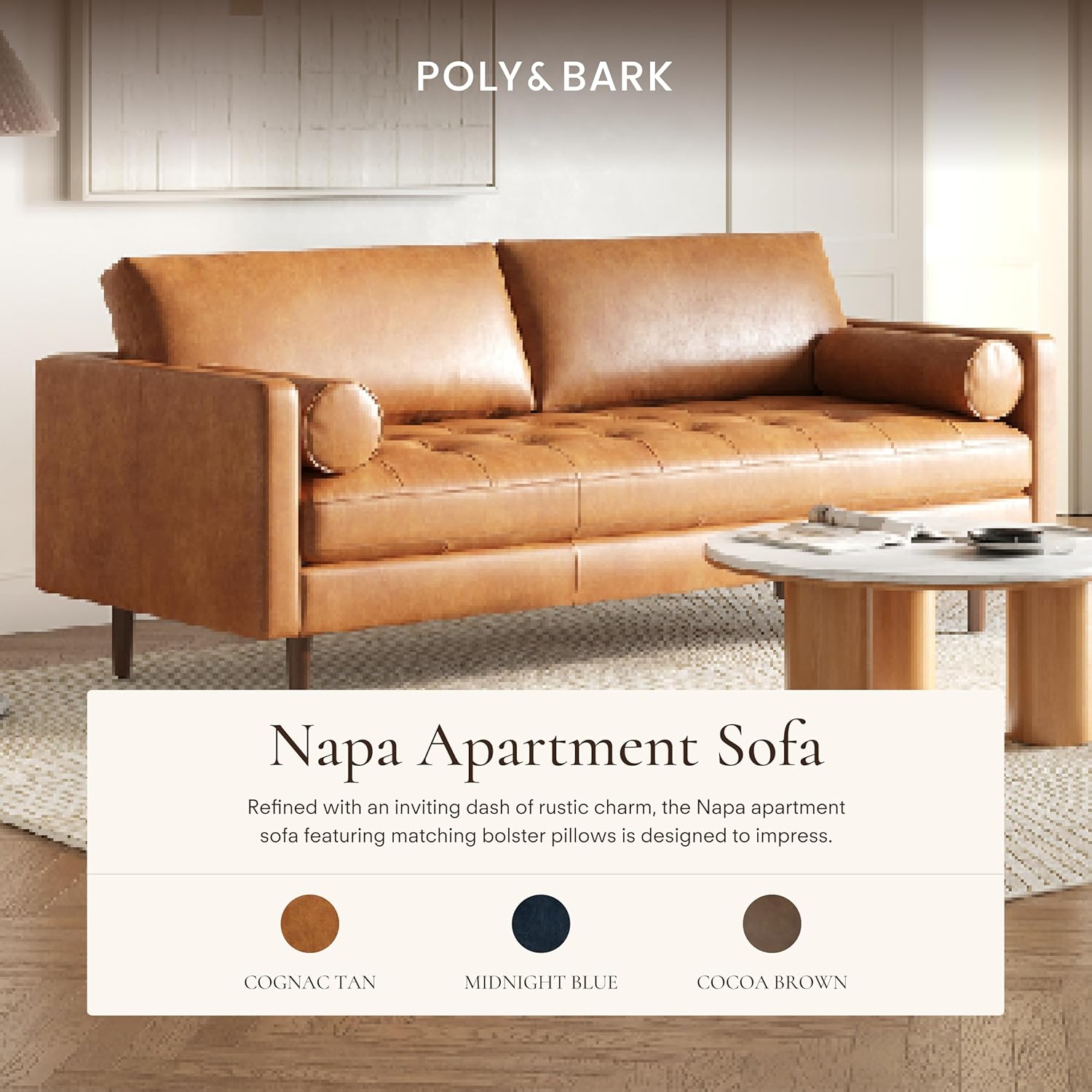 Poly & BARK 55" Tufted Leather Bed Bench for Bedroom End of Bed - Living Room Entry Way Bench - Pure Italian Leather Upholstery with a Solid Wood Frame - Ottoman Bench with Wooden Legs - Cognac Tan
