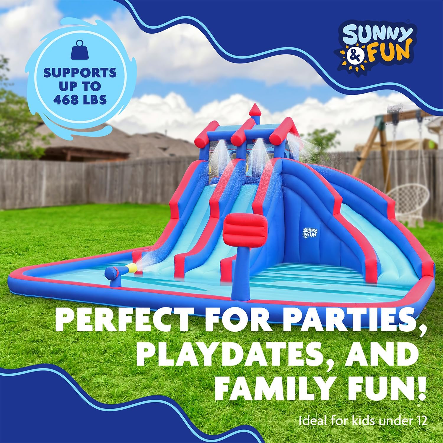 Sunny & Fun Mega Sport Inflatable Water Triple Slide Park for Kids Backyard