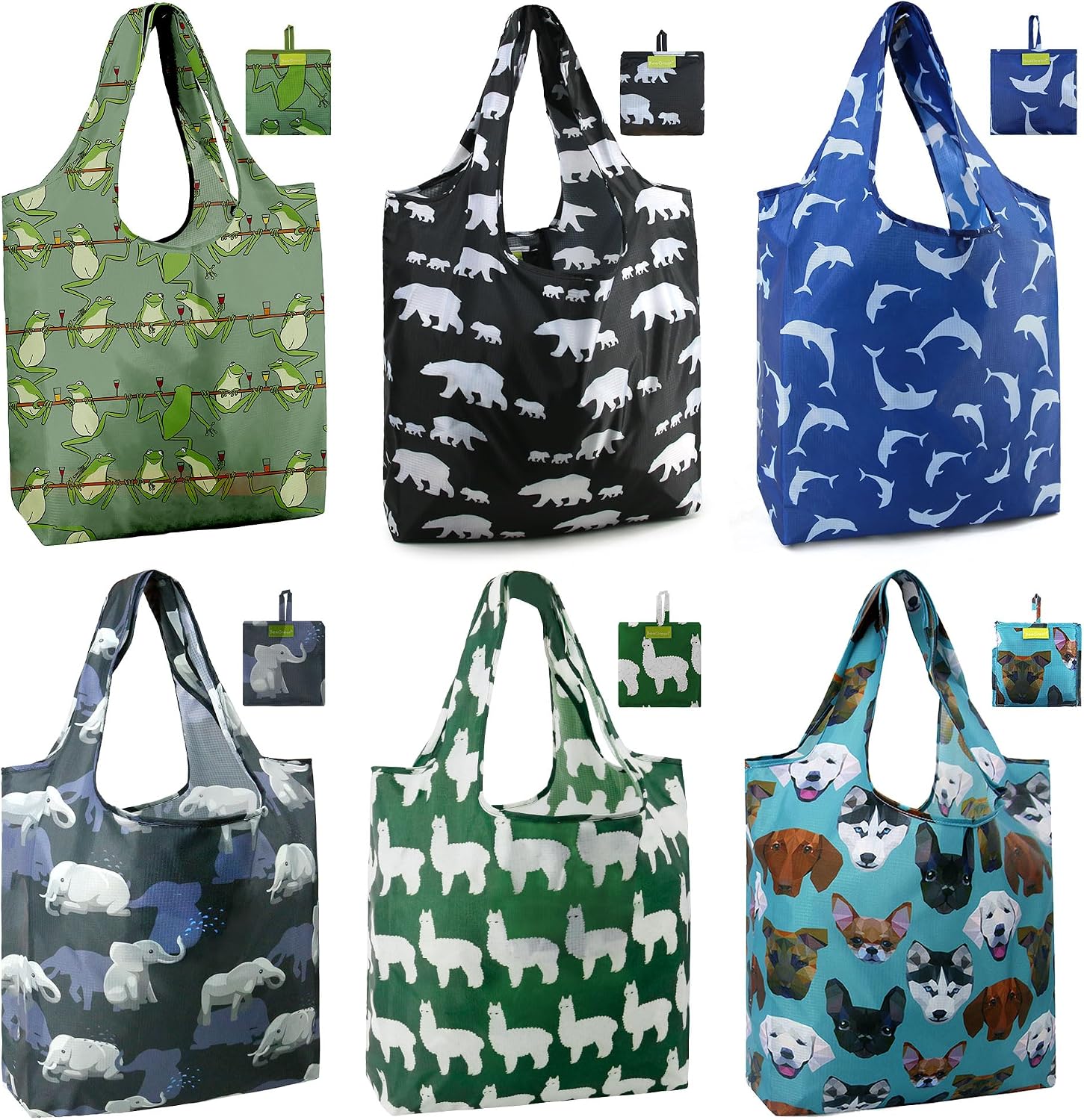 BeeGreen Grocery Bags | Reusable Gift Bags, Large Tote for Women & Foldable Beach Bag - 6 Pack Reusable Bag With Handles | Collapsible Cute Cloth Storage for Market, Holiday & Shopping | Washable​