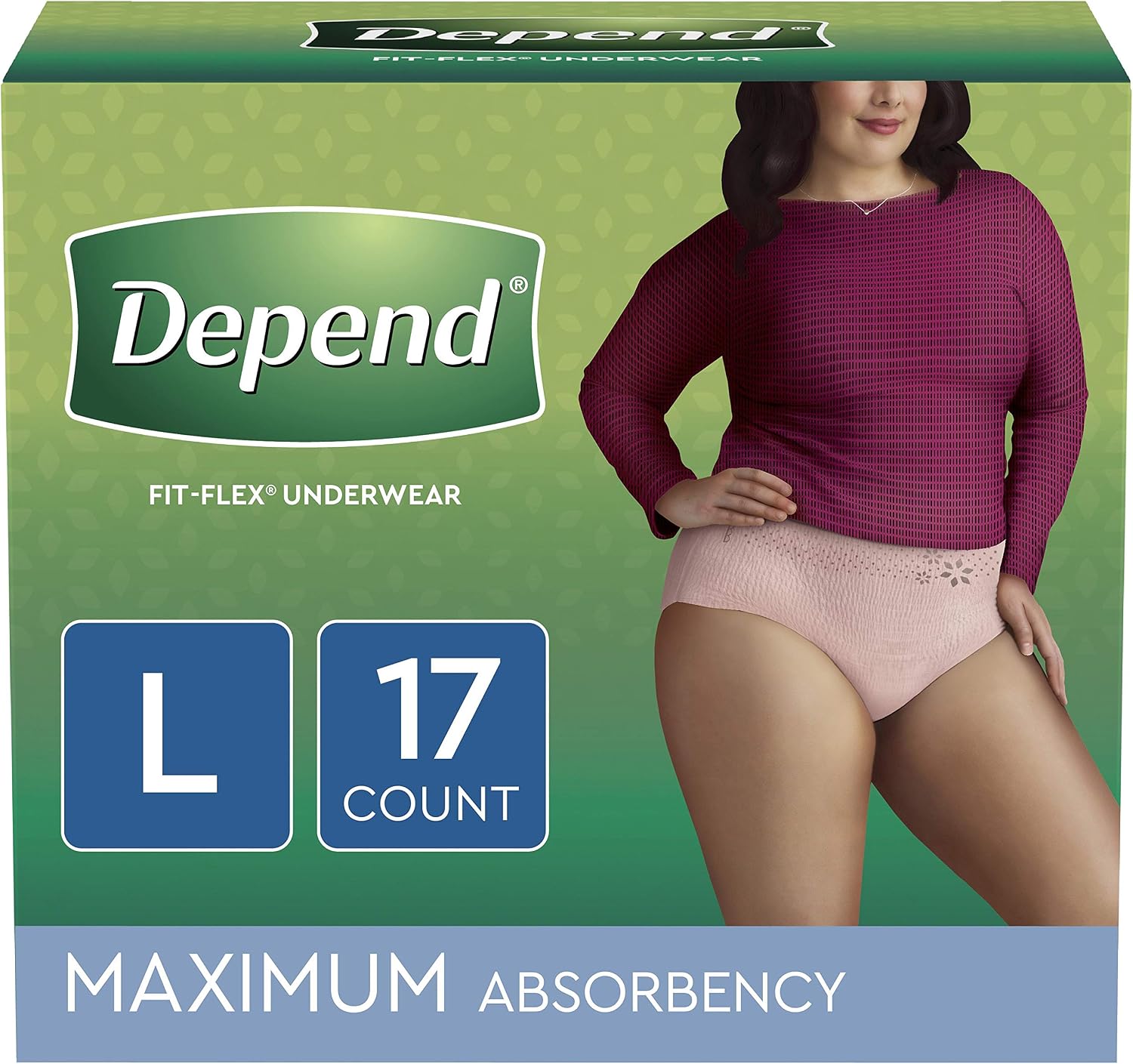 Depend FIT-FLEX Incontinence Underwear for Women, Disposable, Maximum Absorbency, Large, Blush, 52 Count (2 Packs of 26) (Packaging May Vary)