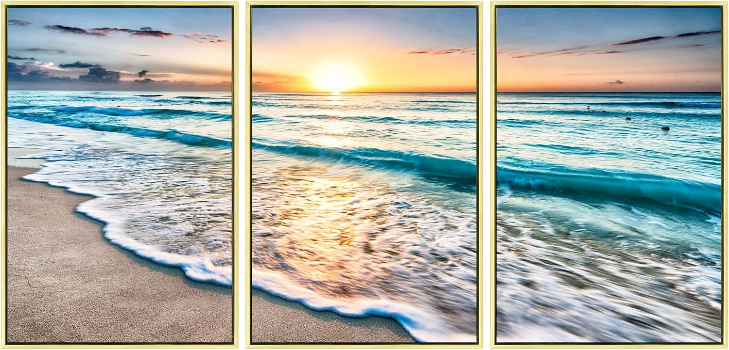 Wieco Art 3 Panel Blue Beach Canvas Wall Art for Home Decor Sunset White Wave Beach Pictures on Canvas Sea View Canvas Prints Artwork for Wall Decor