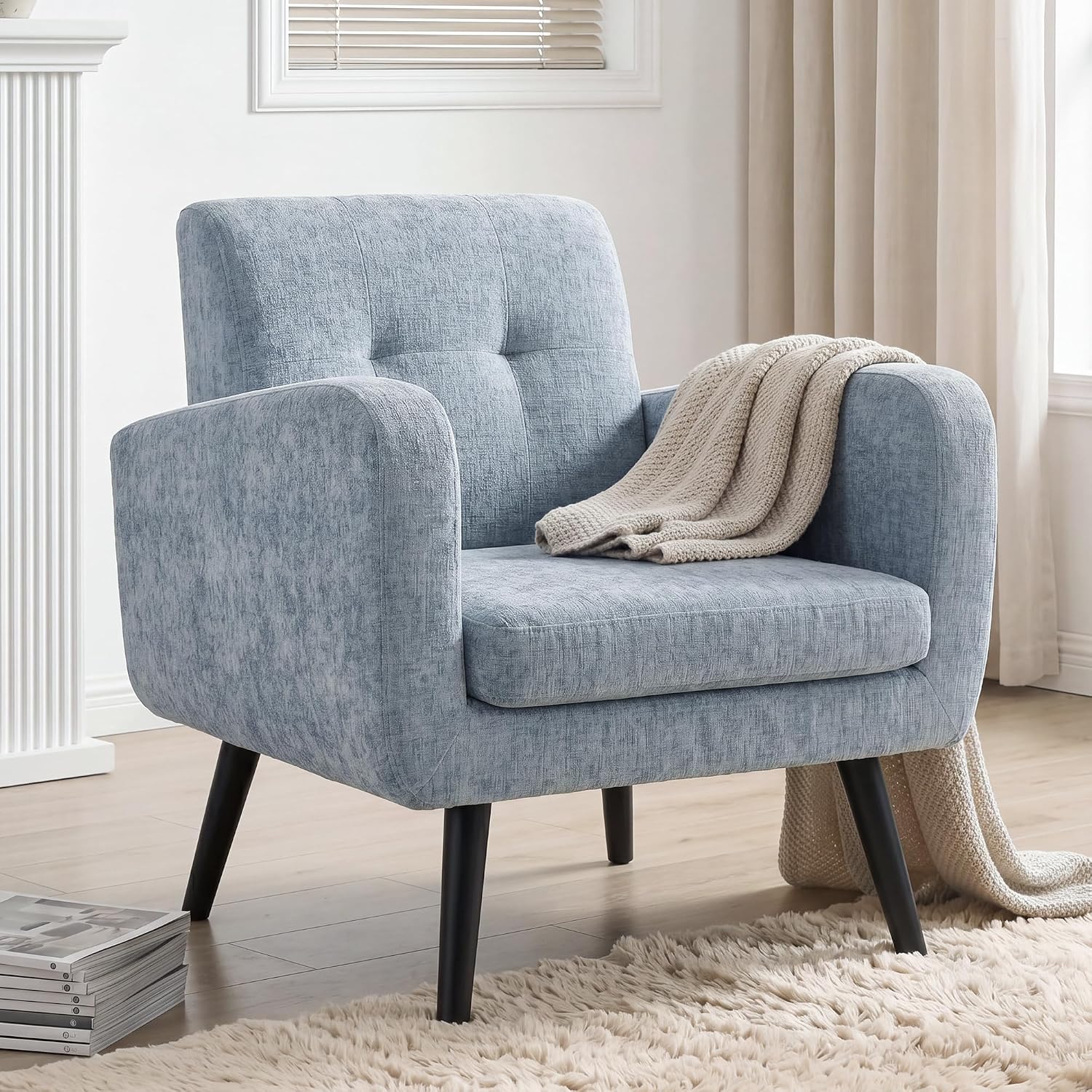 LSSPAID Modern Accent Chairs, Upholstered Fabric Cozy Armchairs, Living Room Side Chair with Solid Wood Legs, Blue