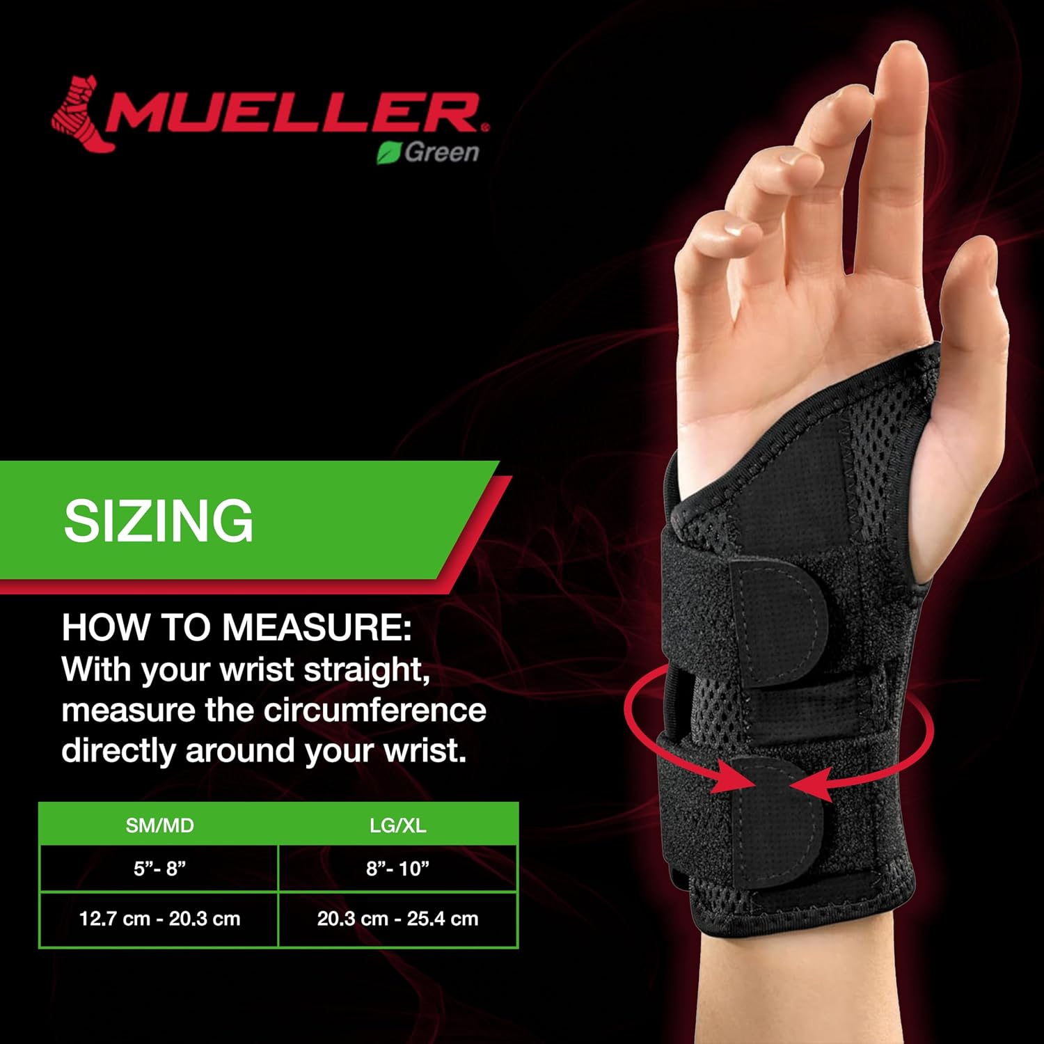 MUELLER Sports Medicine Green Fitted Wrist Brace for Men and Women, Wrist Pain Relief Support, Ideal for Carpal Tunnel, Tendonitis, Arthritis, Right Hand, Black, Small/Medium