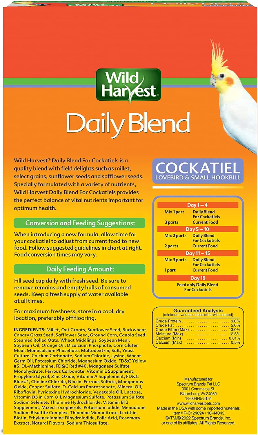Wild Harvest Daily Blend Nutrition Diet, 2 Pounds, Bird Food for Cockatiels, Lovebirds and Small Hookbills