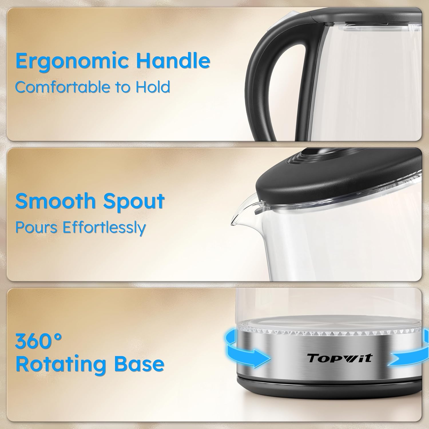 TOPWIT 2.0L Glass Electric Kettle, Hot Water Boiler, BPA-Free