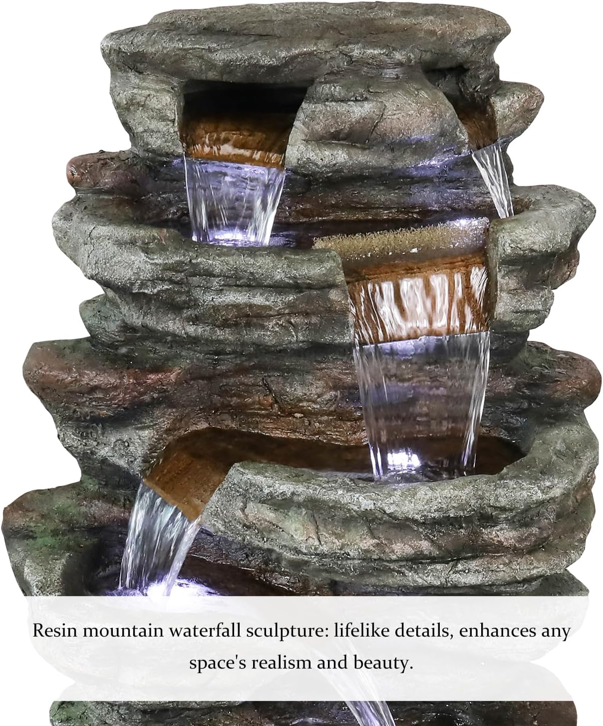 SunJet 40.5” High Rocks Outdoor Water Fountain - 6-Tiers Cascading Waterfall with LED Lights, Soothing Tranquility for Home Garden, Yard Decor