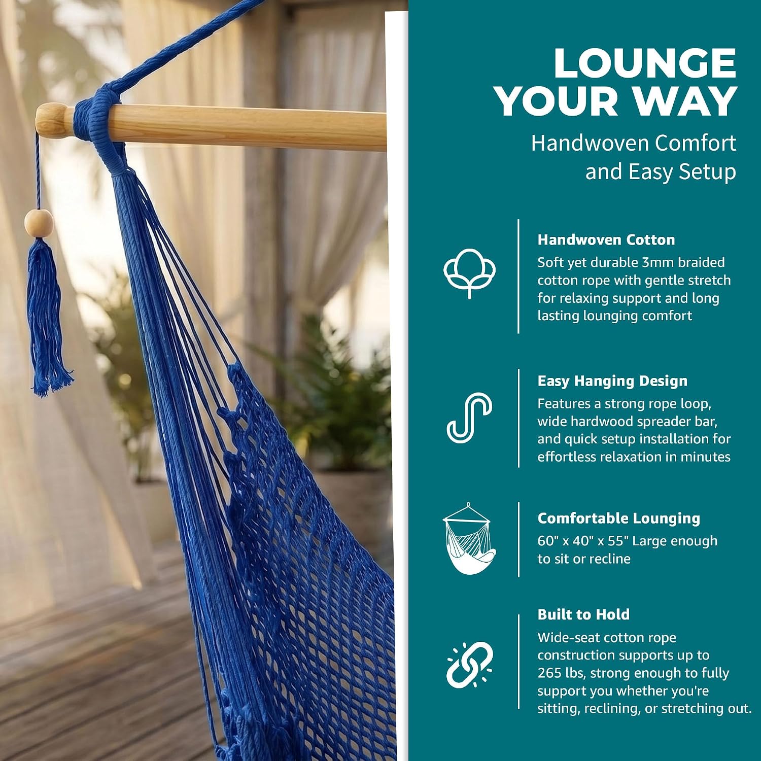 Bliss Hammocks BHC-412NT Island Rope Hammock Chair, Eco Friendly & Hand Woven, Varnish Coated 40 Inch Wood Spreader, Easy to Hang w/Included Hanging Kit, Supports up to 265 pounds, Natural Rope
