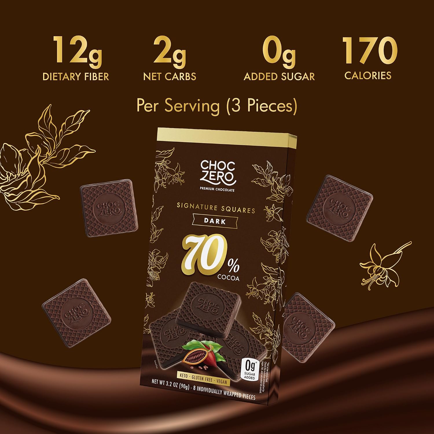 ChocZero 70% Cocoa Sugar Free Dark Chocolate Squares, Vegan, 4 Pack | No Sugar Alcohols, Keto, Low Carb, High Fiber, Gluten Free, 32 Total Candy Squares
