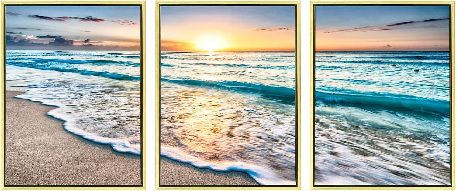 Wieco Art 3 Panel Blue Beach Canvas Wall Art for Home Decor Sunset White Wave Beach Pictures on Canvas Sea View Canvas Prints Artwork for Wall Decor