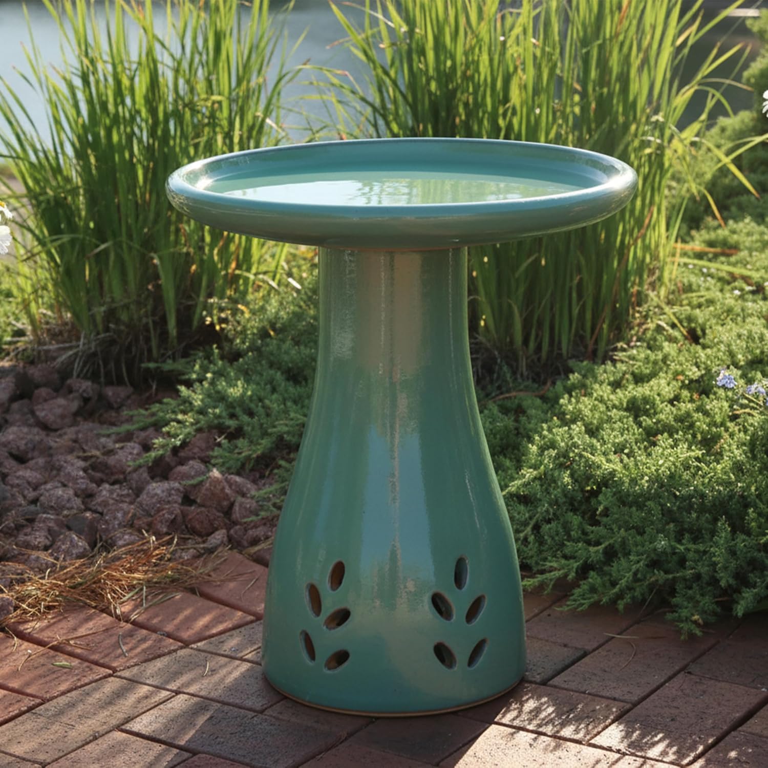 Sunnydaze Hand-Painted Ceramic Outdoor Bird Bath for Garden, 21” H, Seafoam