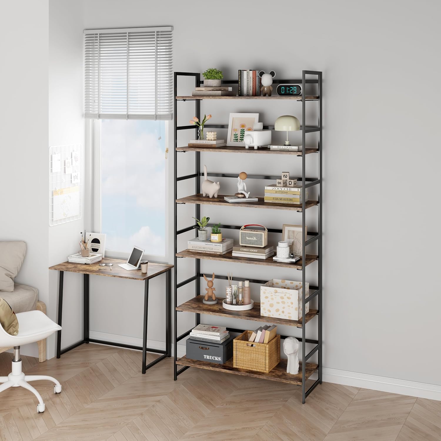 Vintage Multifunctional Folding Bookshelf, No-Assembly Plant Stand Storage Rack Shelves for Home Office (Fire, 5-Tier)