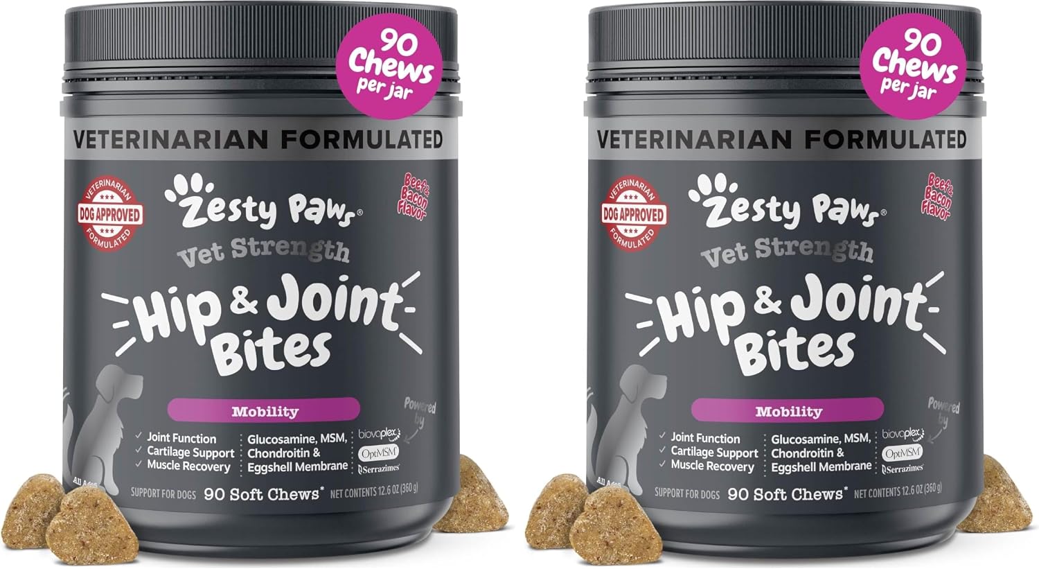 Zesty Paws Hip and Joint Supplement for Dogs - Glucosamine with Chondroitin, MSM, Vitamins C and E Dog Joint Relief - Mobility Bites Duck – 90 Count