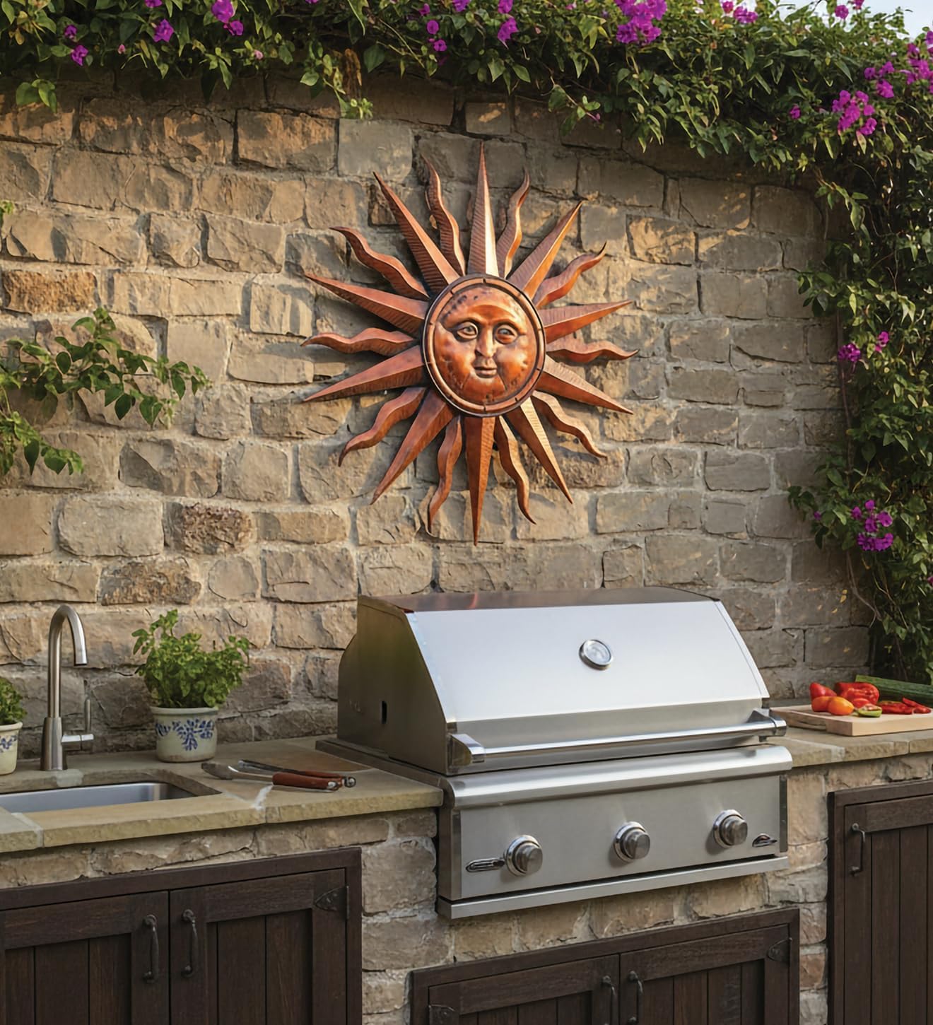 Regal Art & Gift Handcrafted Metal Sun Wall Decor, Rustic Sunburst Wall Art | Copper Patina, 40 in, Metal, Rust-Resistant Sunburst Sculpture, Eye-Catching Accent for Patio, Garden & Home