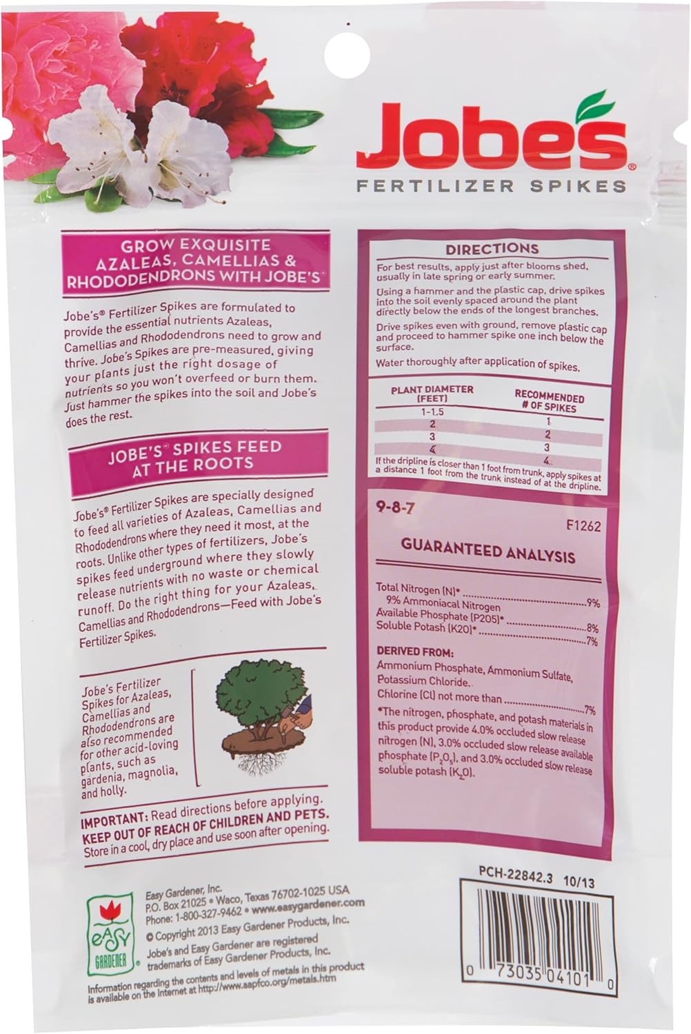 Jobe’s Garden Fertilizer Spikes, Organic Fertilizer for Azaleas, Camellias, Rhododendrons, and Other Acid Loving Plants, 10 Count
