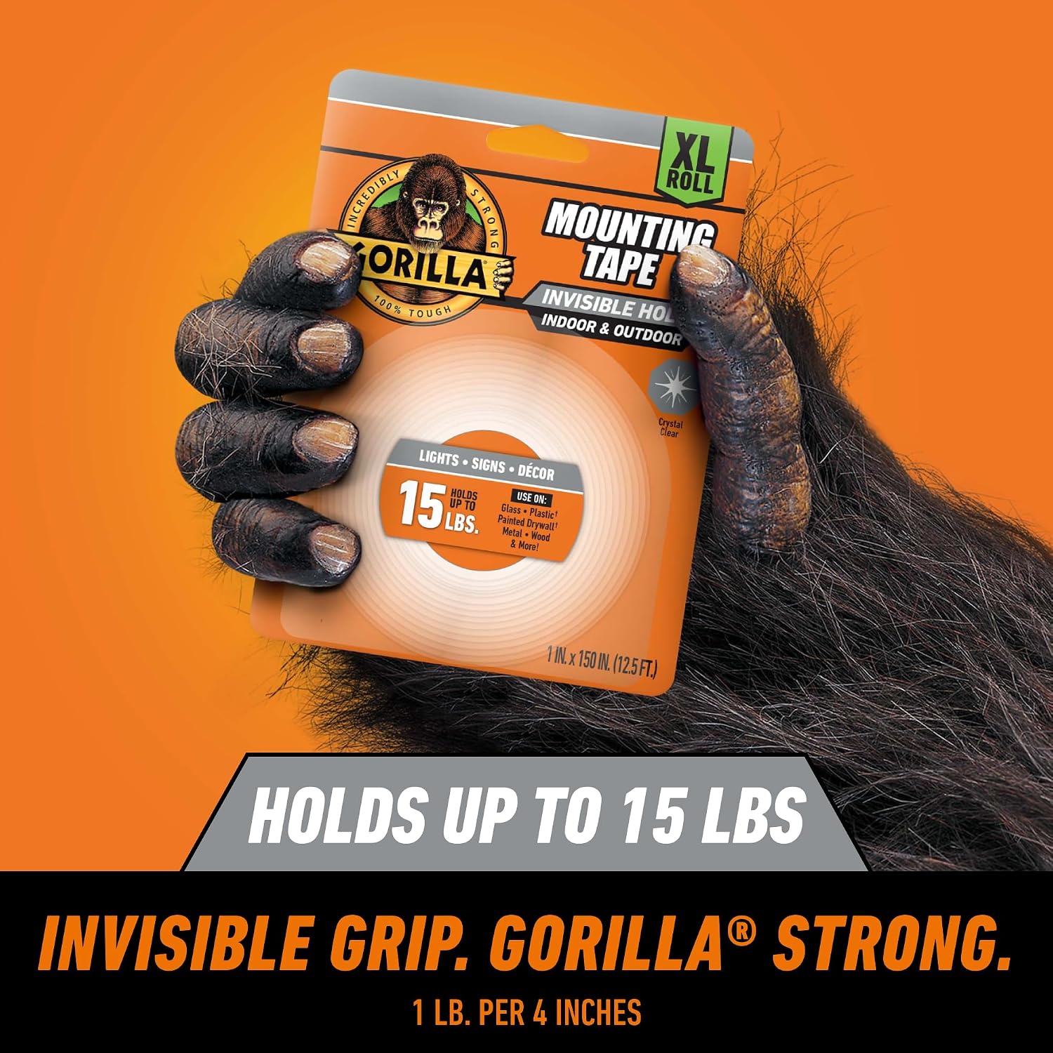 Gorilla Invisible Hold Mounting Tape, 1" x 150" (Pack of 1), Holds up to 15 lbs, Clear Double-Sided Tape for Strong, Permanent Bond
