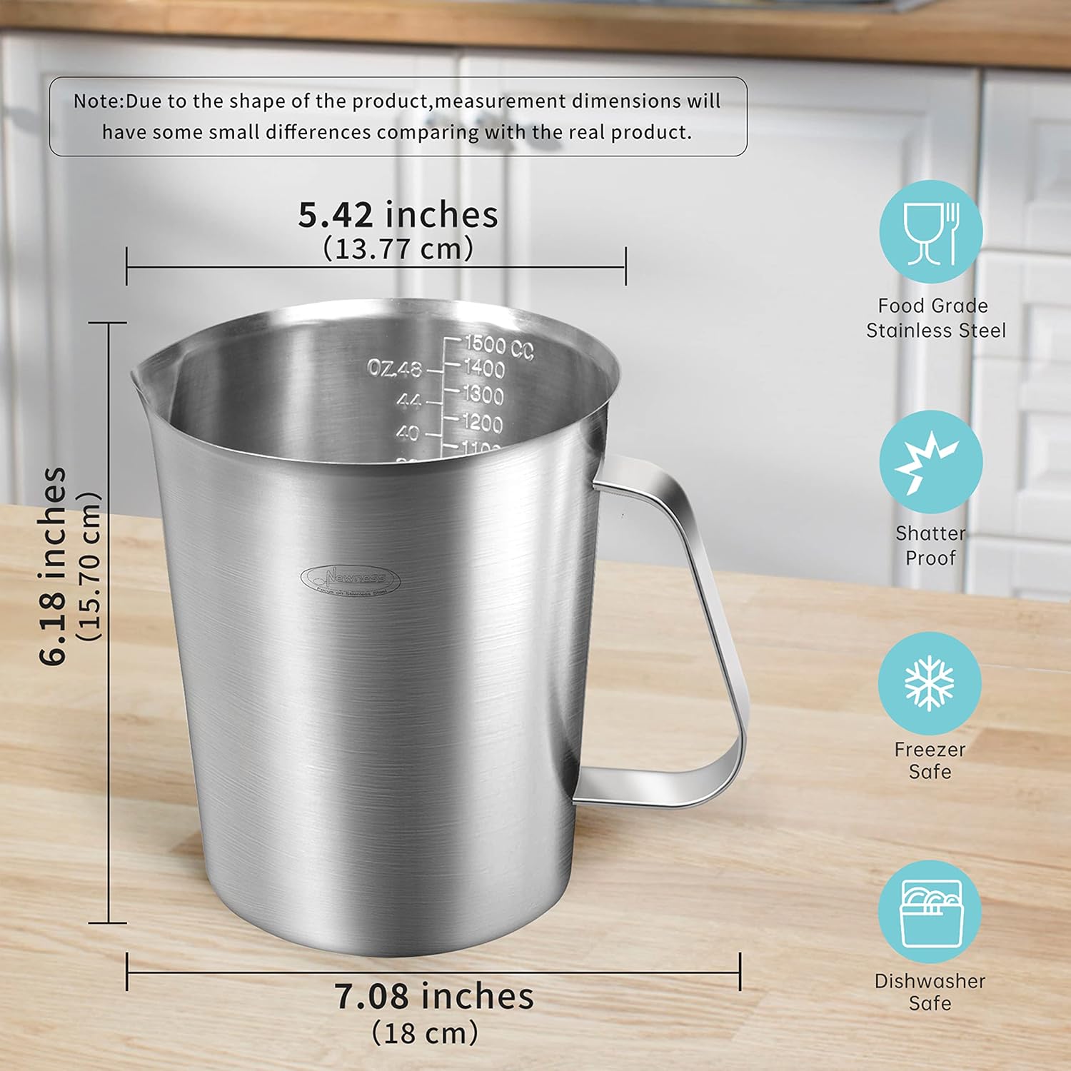 Newness Stainless Steel Measuring Cup, Metal Measuring Cup with Handle (Upgraded, 3 Marking Including Cup/ML/Ounce Scale), 16 Ounces (0.5 Liter, 2 Cup)