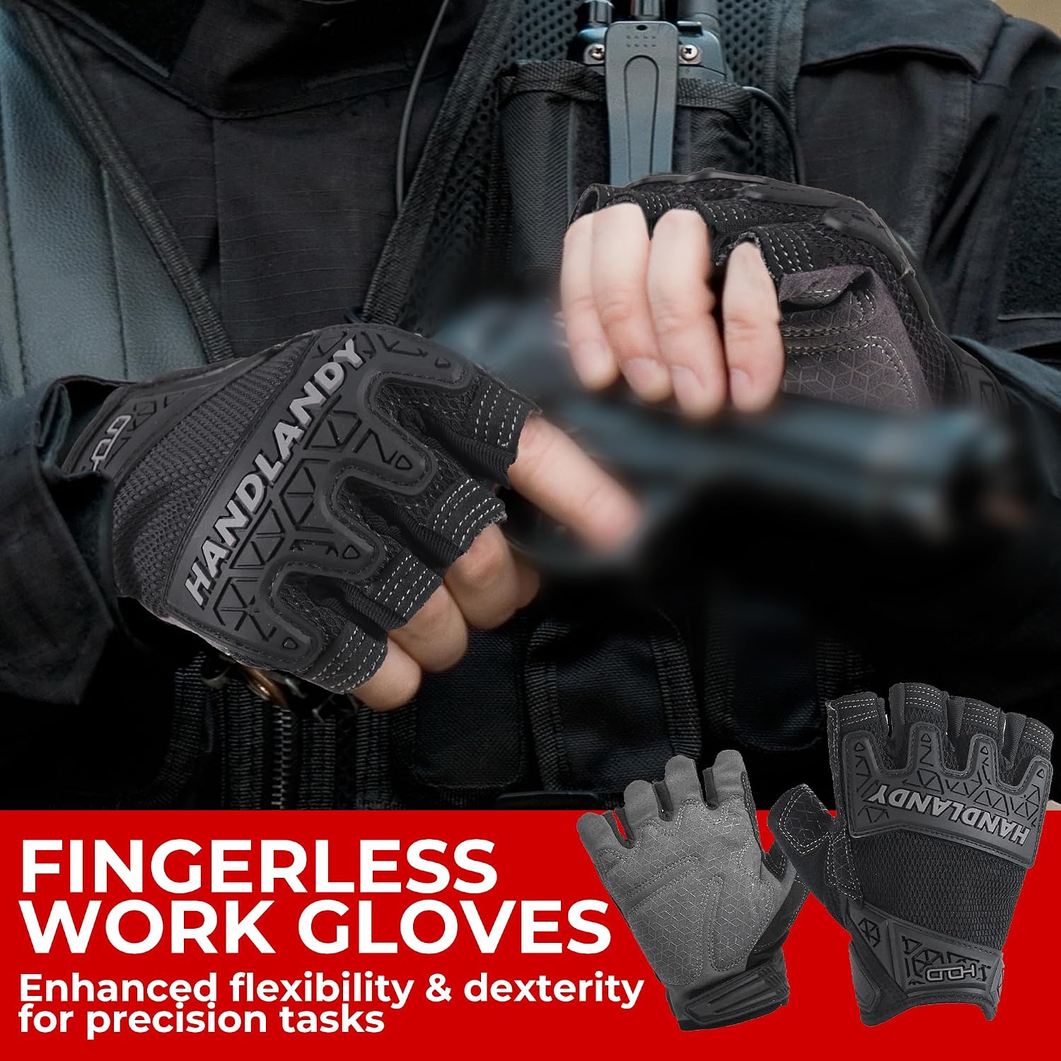 HANDLANDY Framer Work Gloves Open-Finger Carpenters Gloves, Fingerless Gaming Gloves for Tactical Shooting, Airsoft, Hunting, Police Work and Hiking L