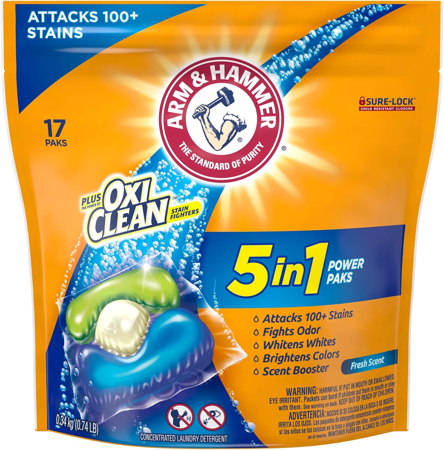 Arm & Hammer plus OxiClean 5-in-1 Power Paks, 17 Count (Packaging may vary)