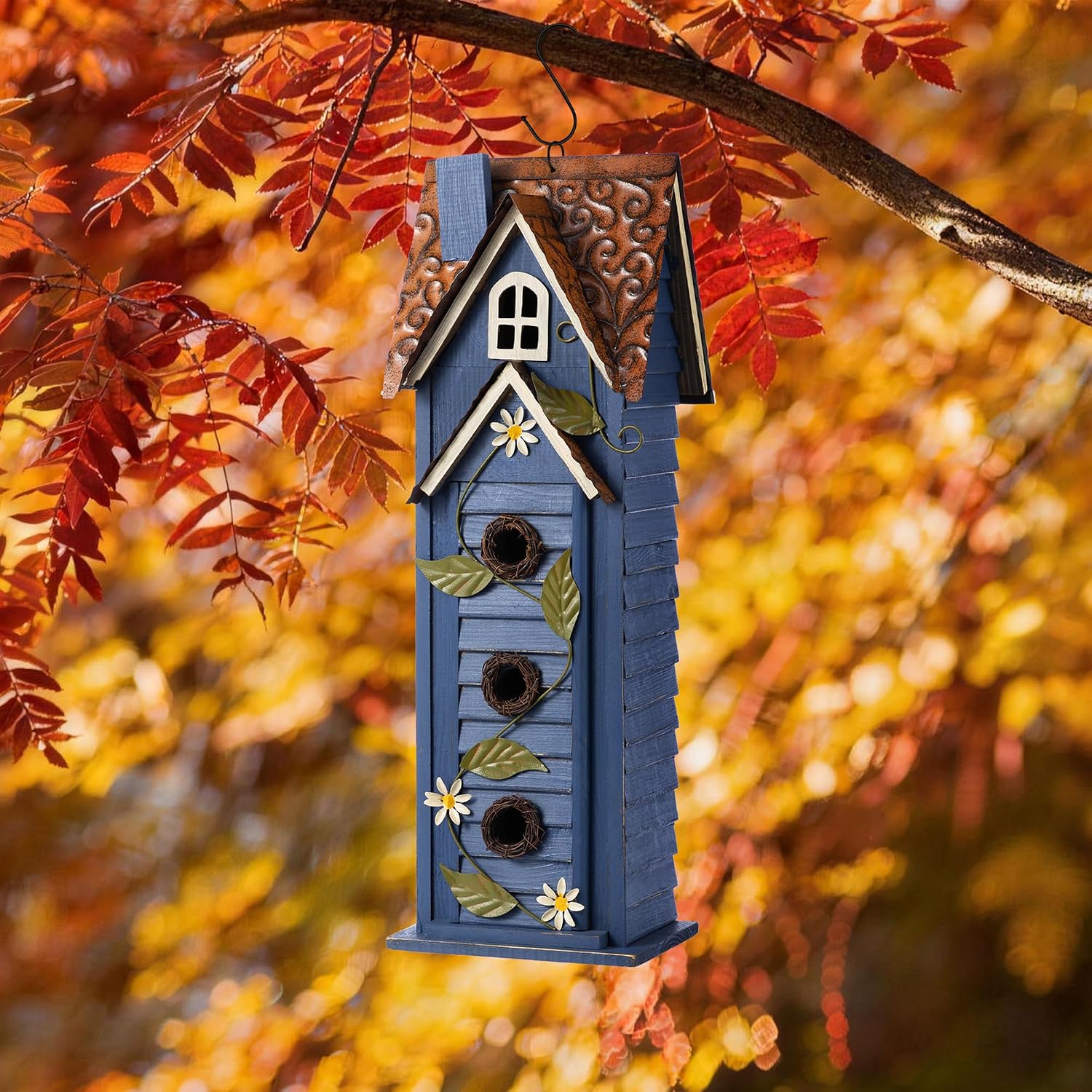 Glitzhome 12" H Green Hanging Distressed Solid Wood Garden Bird House Decorative Birdhouse