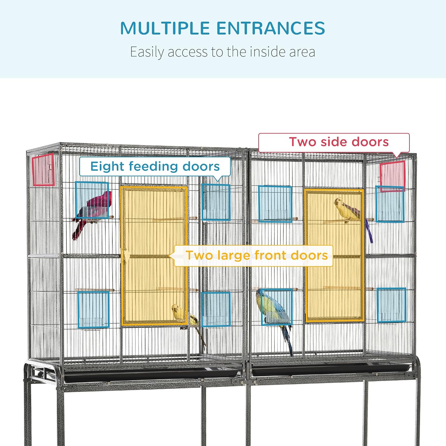 PawHut 65" Double Rolling Metal Bird Cage with Divider, Large Parrot Cage for Parakeet, Canaries, Lovebirds, Budgie, Finch