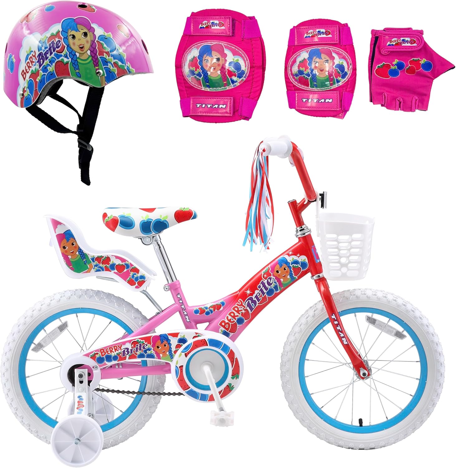 Titan Girls BMX Bike for Kids Ages 4-7, 16-Inch Wheels, 9-Inch Frame, Training Wheels, Toy Seat, Doll Basket, Streamers, First Bike, Princess Bicycle, Gift for Girls