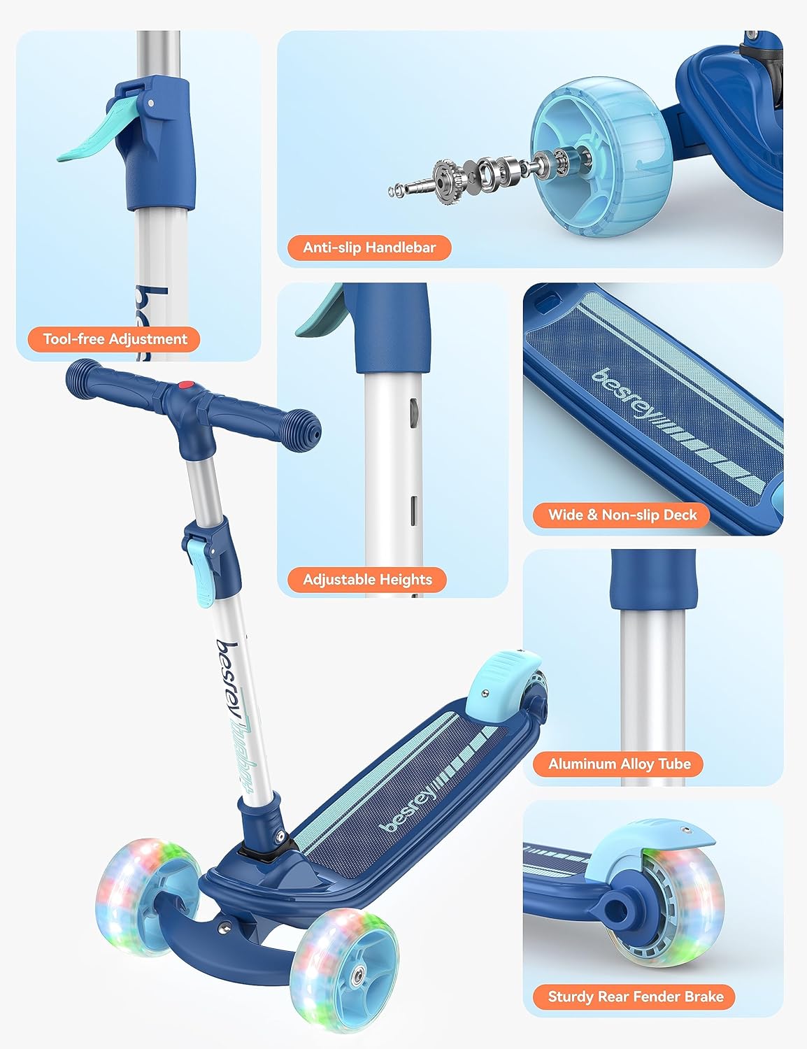 besrey 3 Wheel Scooter for Kids Ages 3-10 with 4 Adjustable Height