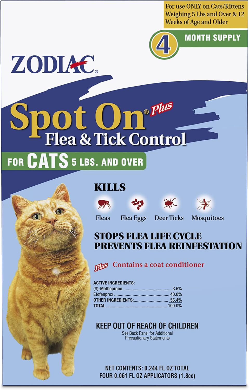 Zodiac Spot On Flea & Tick Prevention for Cats 5 lbs and Over, 4 Pack | Cat flea treatment topical, starts killing fleas in 15 minutes