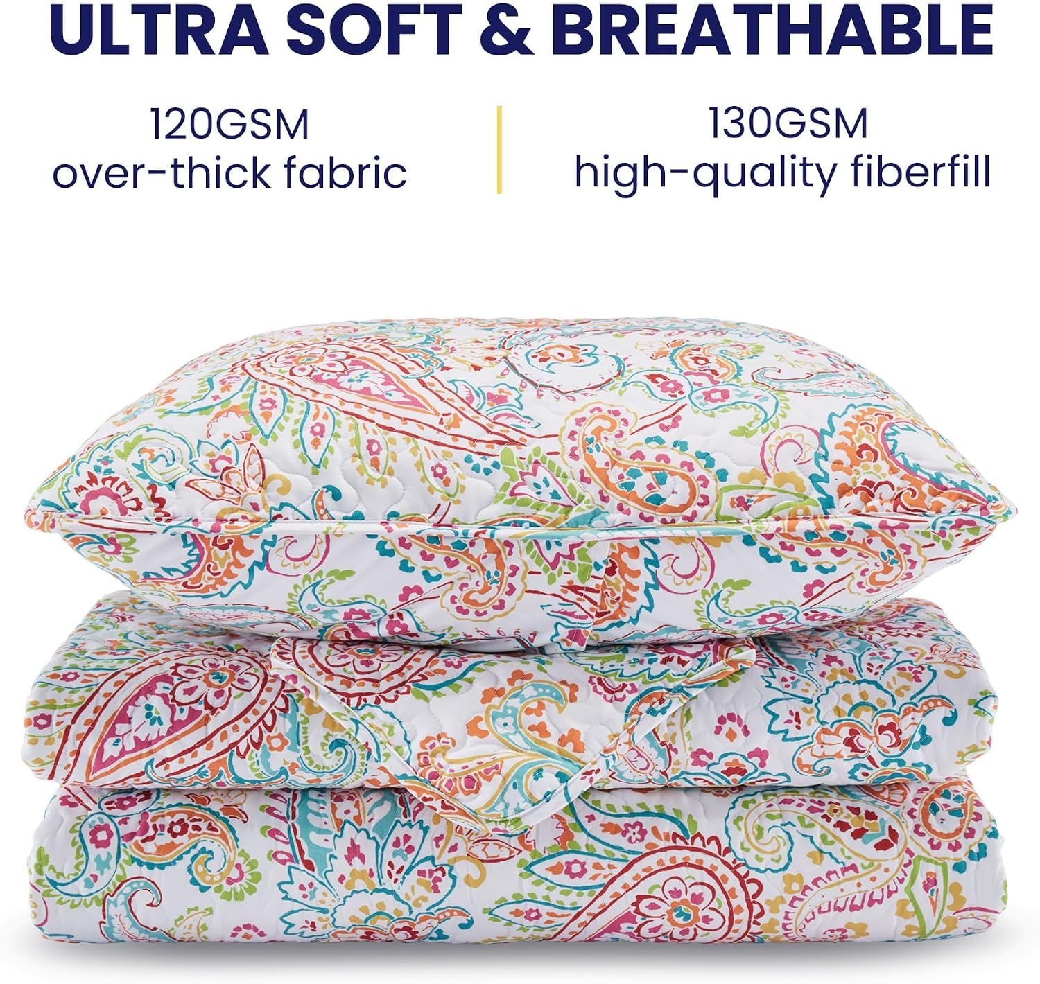 SLEEP ZONE 3-Piece Printed Quilt Set - Full/Queen Size - Lightweight Reversible Bedding Coverlet Set for All Season (Classic Paisley Pattern)