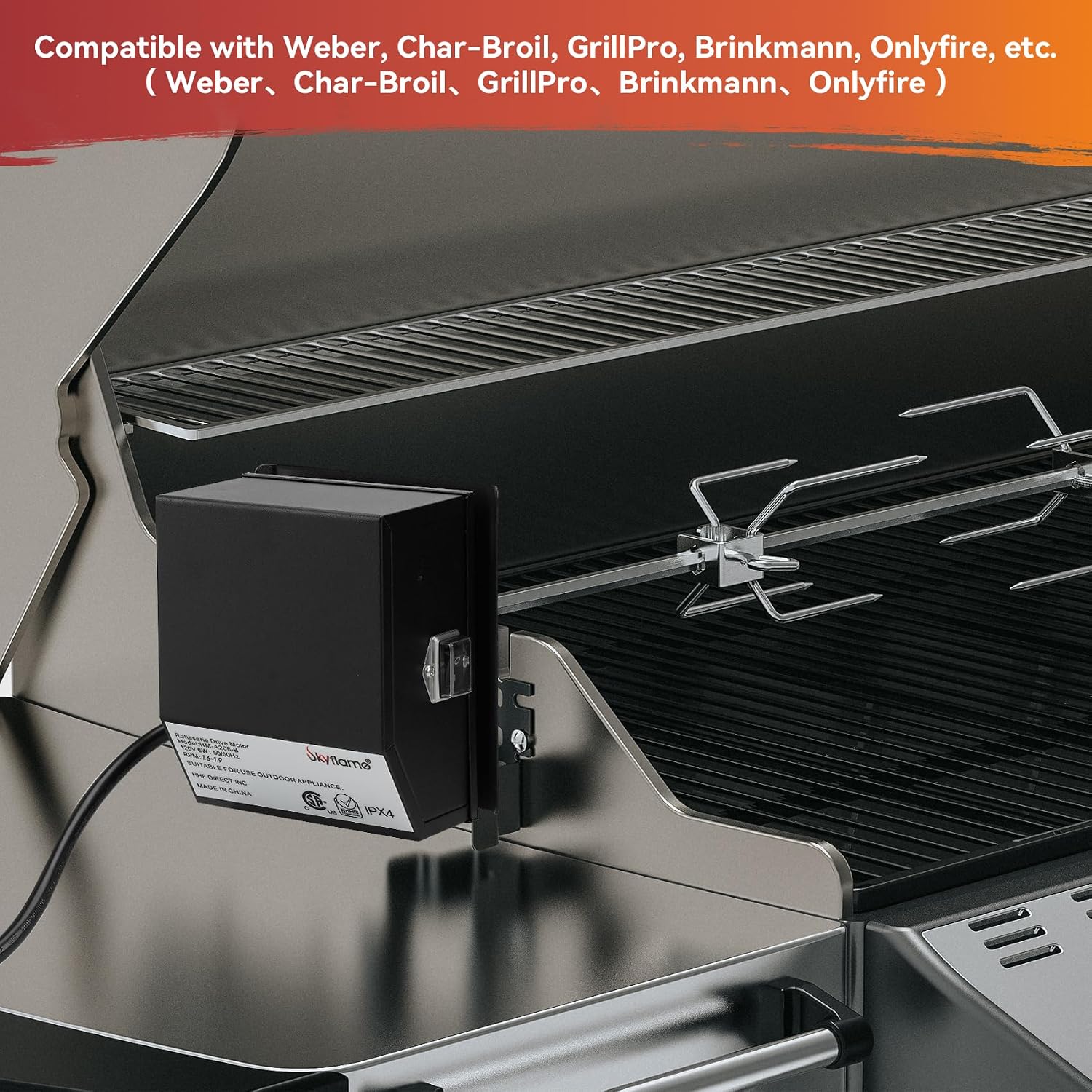 Skyflame Universal Stainless Steel BBQ Grill Electric Rotisserie Motor | Replacement, Water Proof On/Off Switch, 6 watt, 50 lb. Load, Black