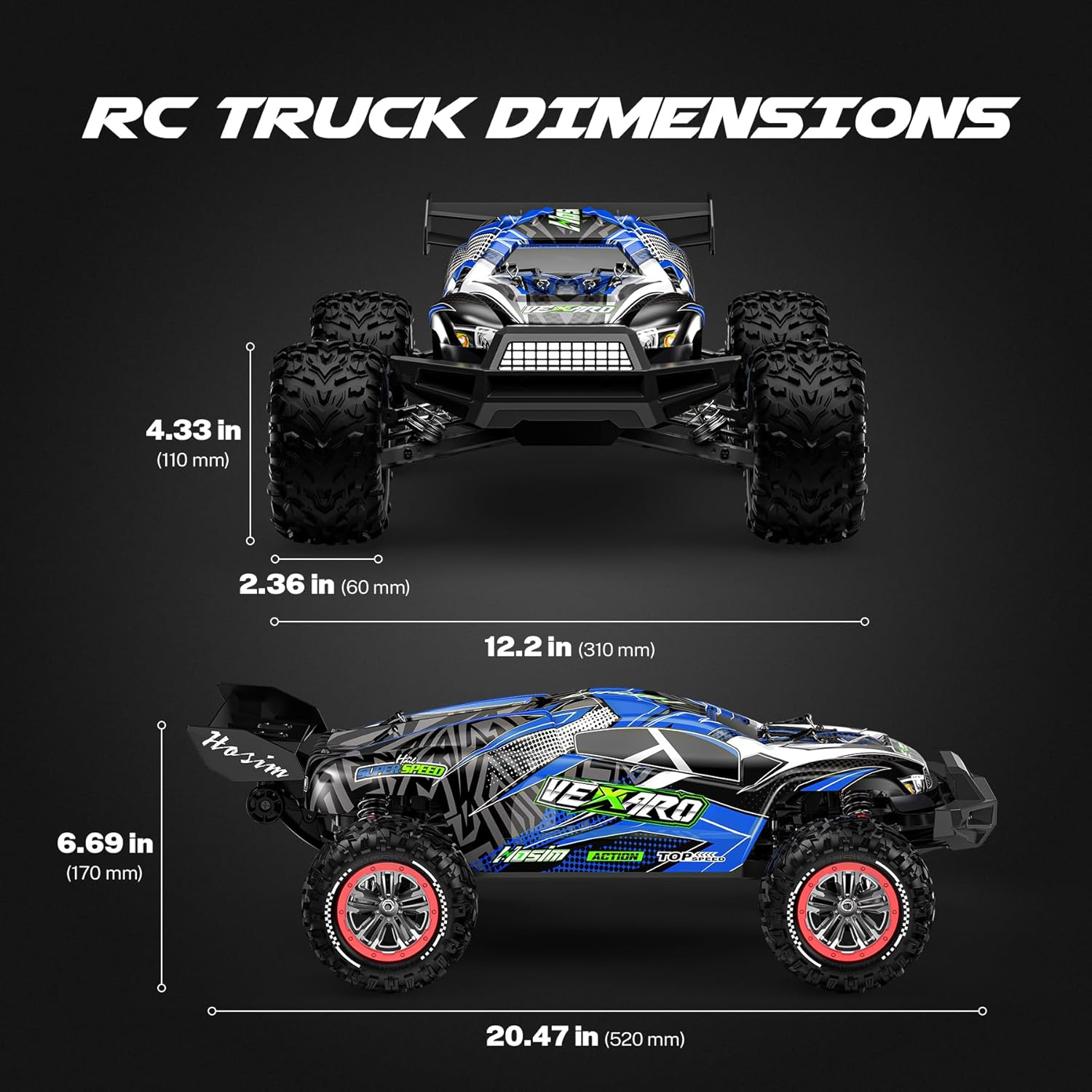 Hosim Mini 1:8 45+ MPH Fast Brushless RC Cars for Adults with 3S Battery | All Terrain Adult RC Trucks, 3650 Brushless Motor (2800KV) 60A ESC