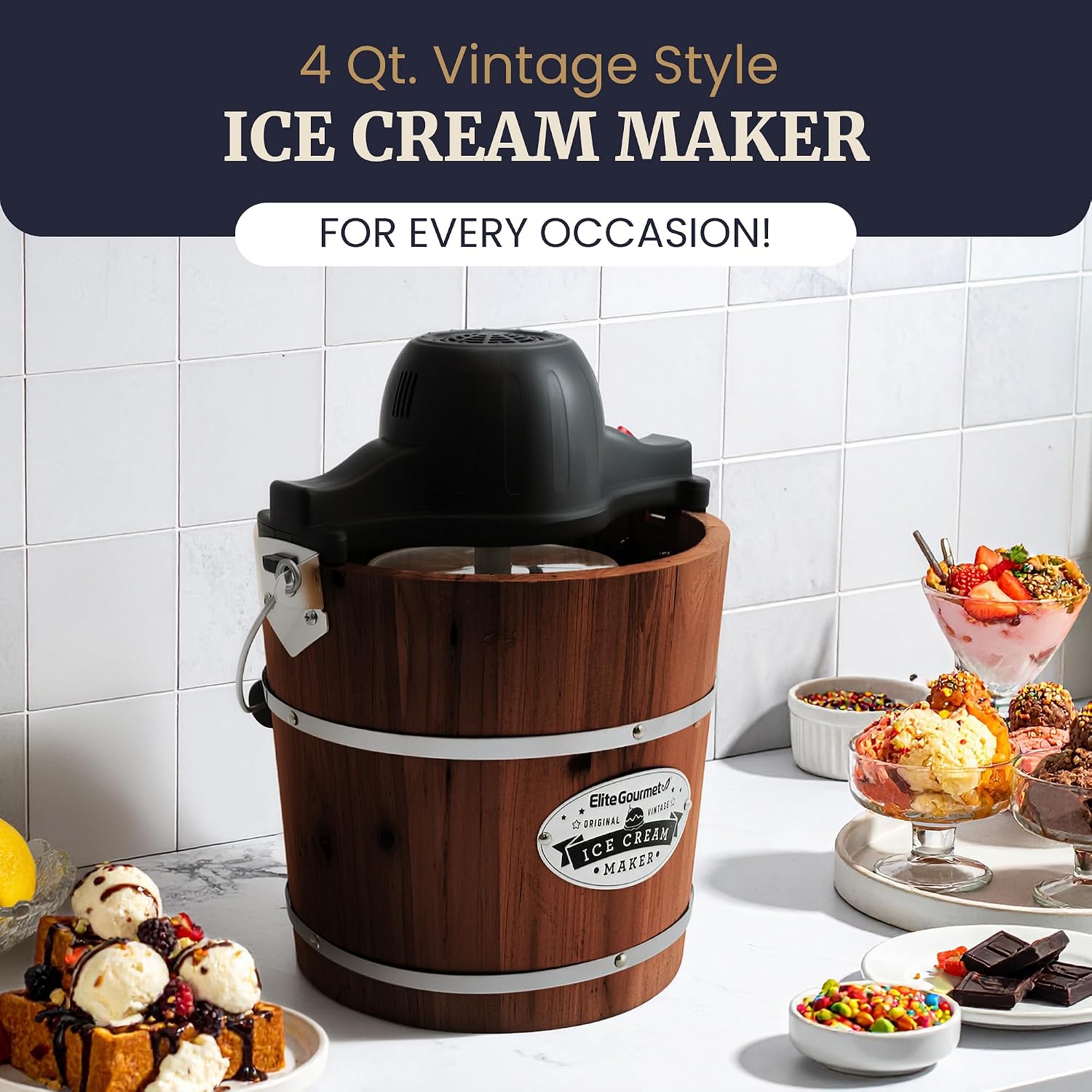 Elite Gourmet EIM402 4Qt Old Fashioned Wood Bucket Ice Cream Maker
