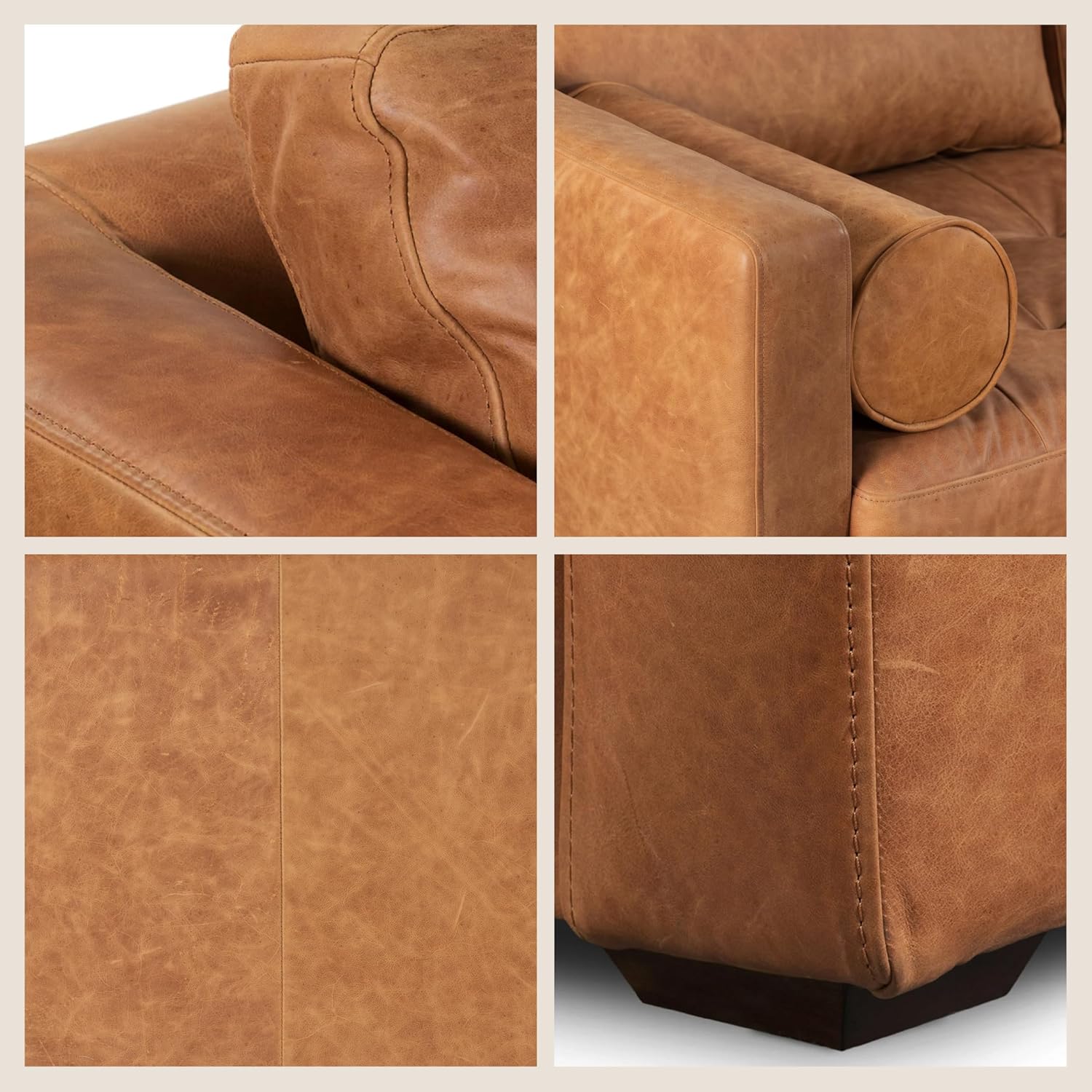 Poly & BARK 55" Tufted Leather Bed Bench for Bedroom End of Bed - Living Room Entry Way Bench - Pure Italian Leather Upholstery with a Solid Wood Frame - Ottoman Bench with Wooden Legs - Cognac Tan