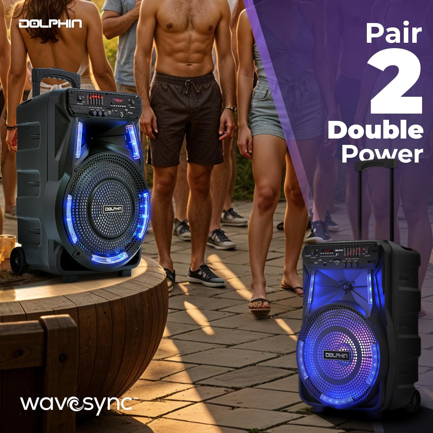 Dolphin Large Bluetooth Party Speaker with Trolley & Wheels, 12" Woofer | WaveSync Pairing, 5-Band EQ, Piezo Tweeter, USB, SD, FM & AUX Inputs