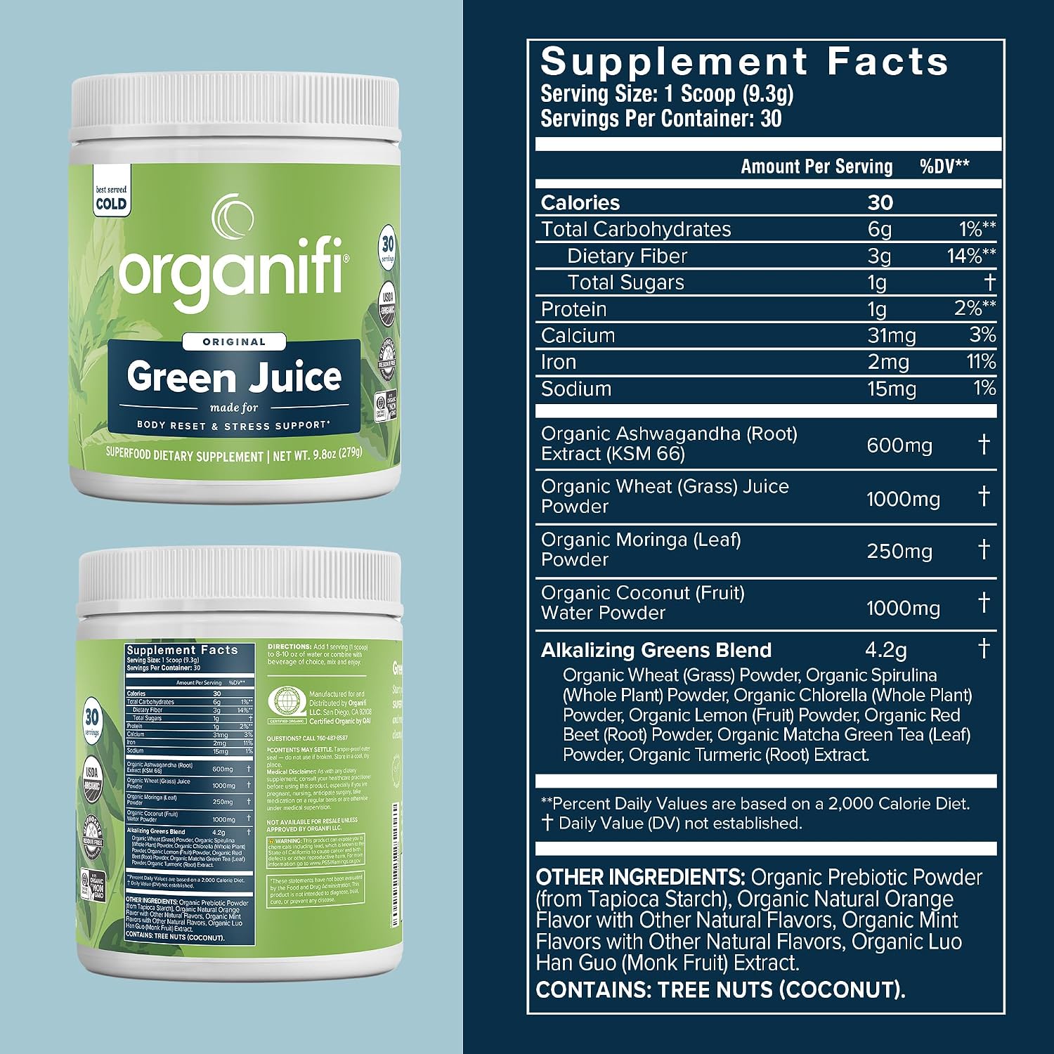 Organifi Green Juice - Powder Supplement with Organic Spirulina, Ashwagandha, and Chlorella - Helps Achieve Fitness Goals and Reduce Cortisol Levels, 30-Day Supply
