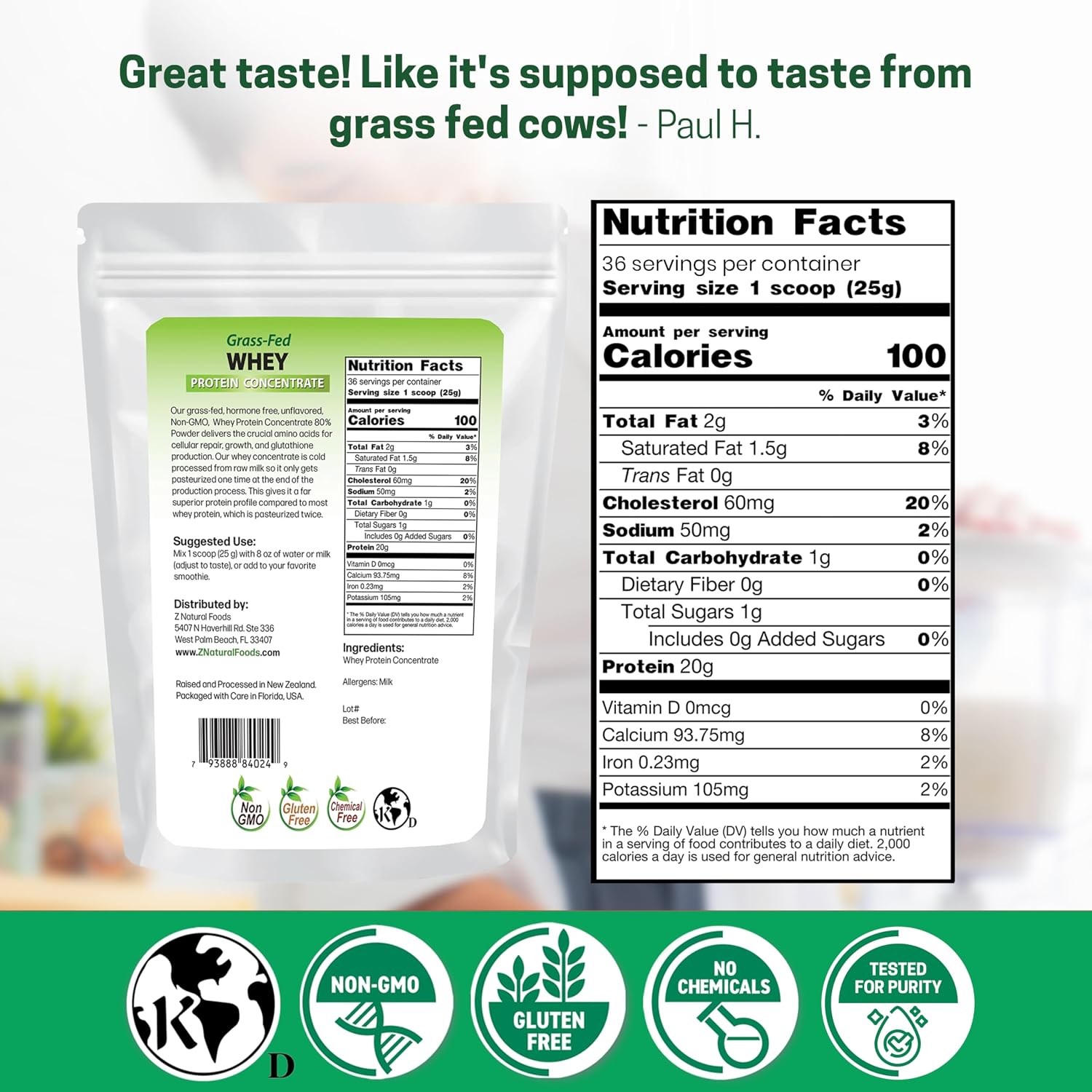 Z Natural Foods Grass-Fed Whey Protein Concentrate - Cold Processed, 1 lb